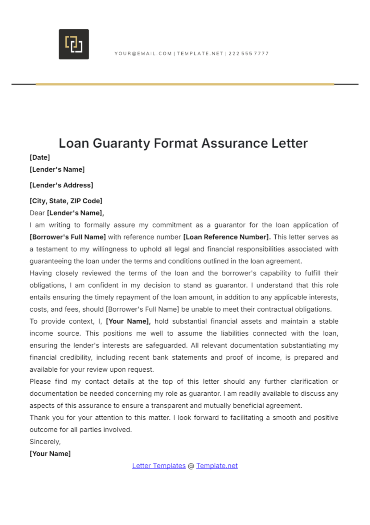 Loan Guaranty Format  Assurance Letter Template - Edit Online & Download