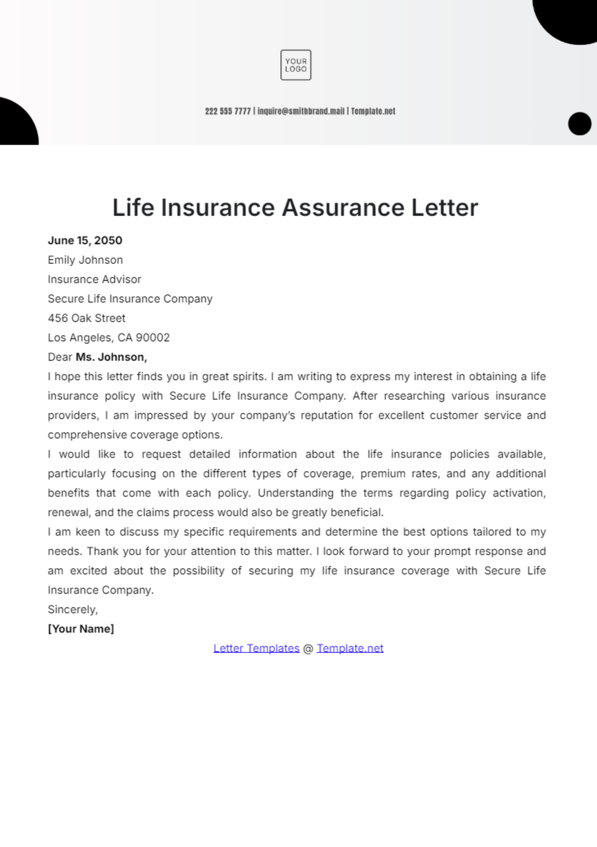 Life Insurance Assurance Letter Template - Edit Online & Download