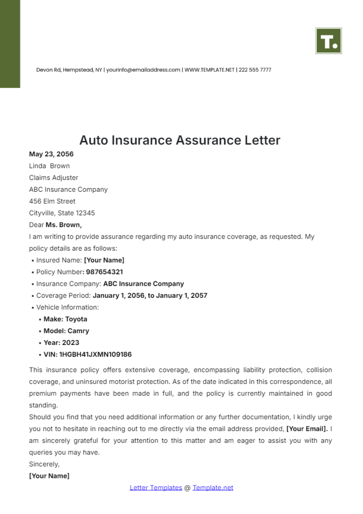 Auto Insurance Assurance Letter Template - Edit Online & Download