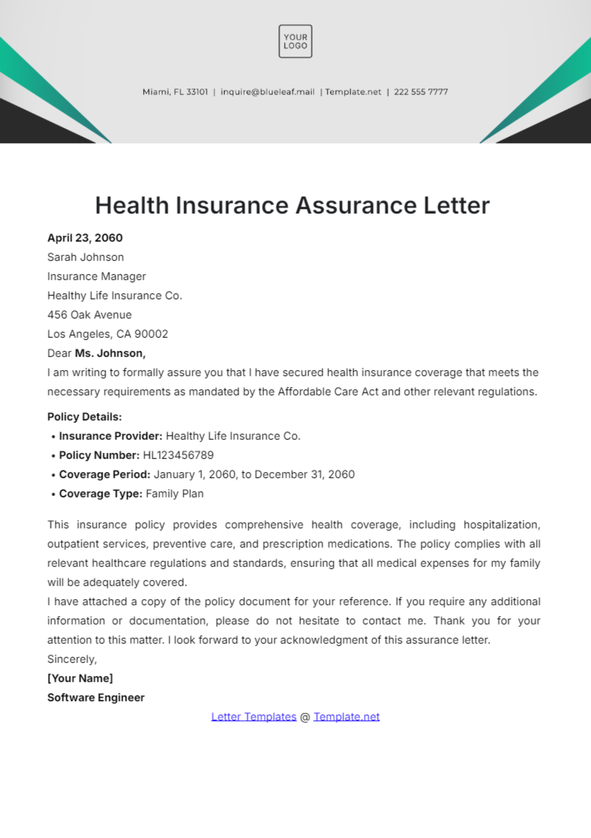 Free Health Insurance Assurance Letter Template to Edit Online