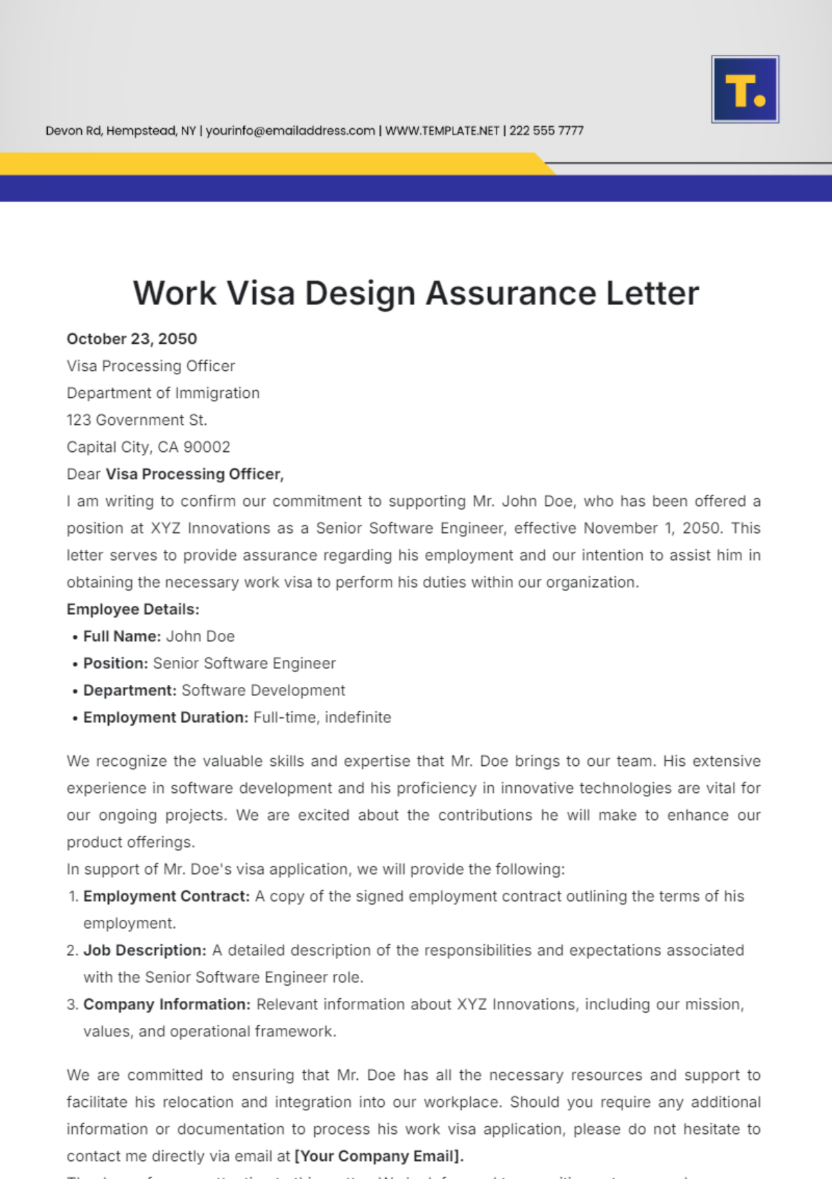 Work Visa Design  Assurance Letter Template - Edit Online & Download