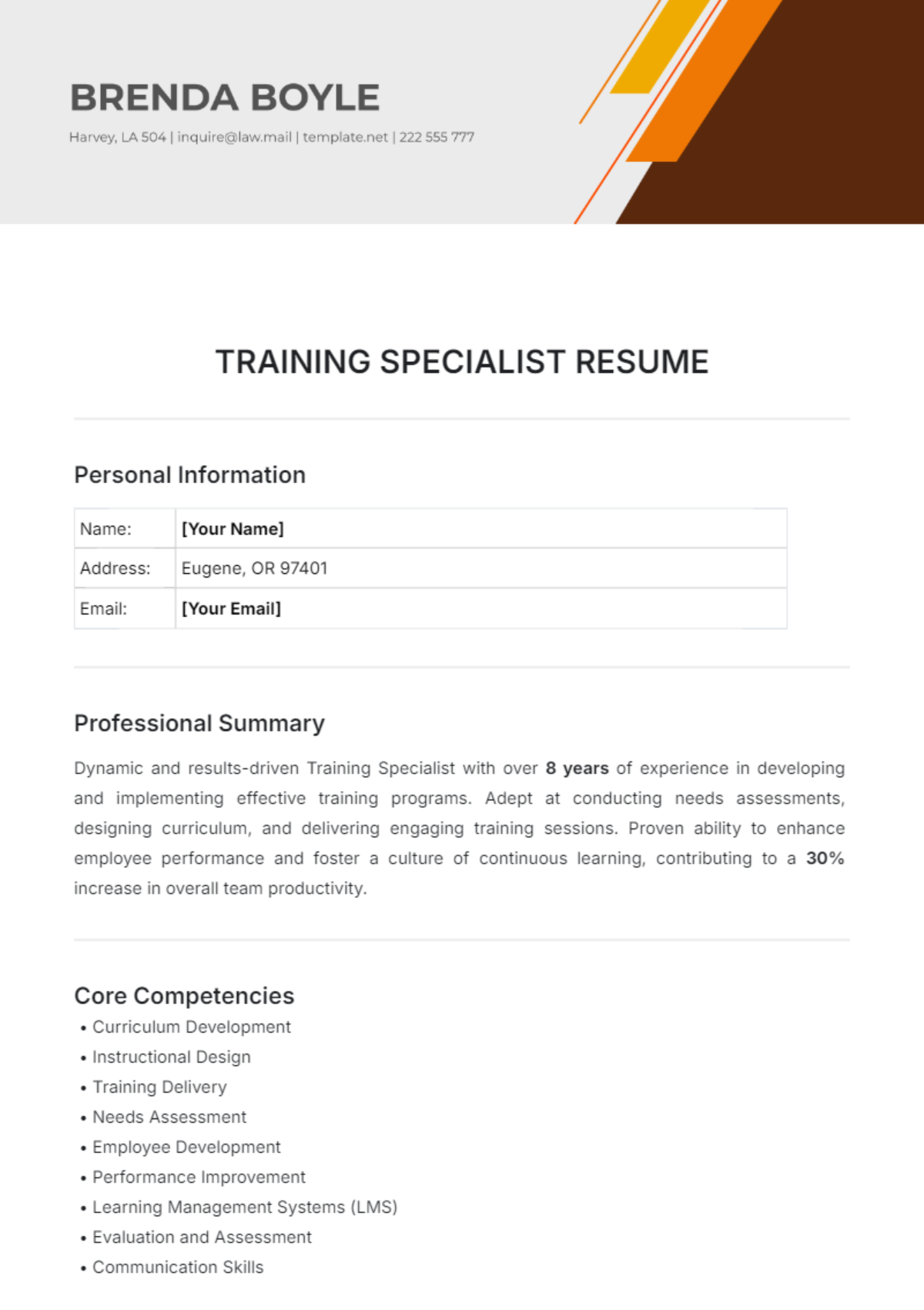 Training Specialist Resume Template - Edit Online & Download