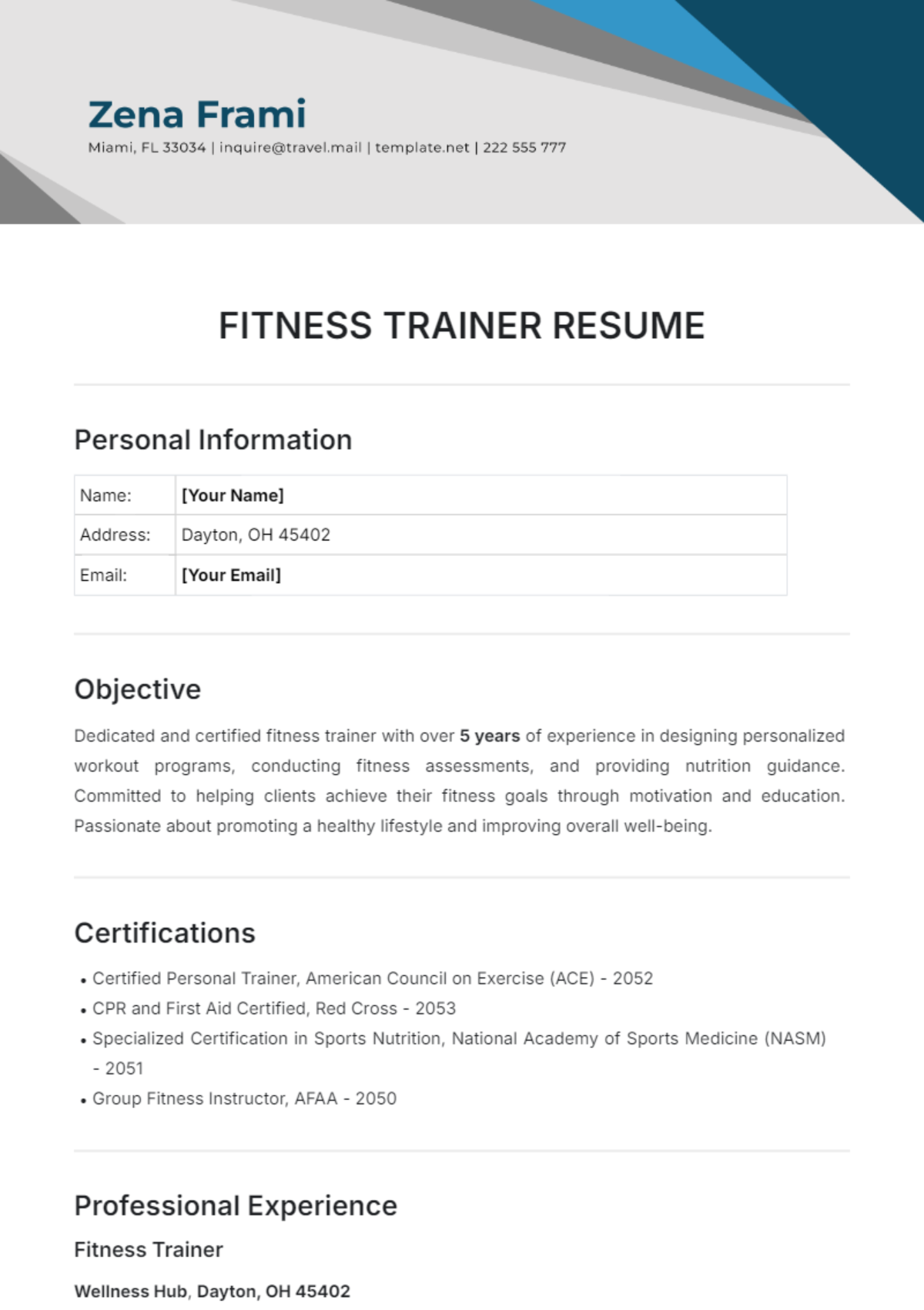 Free Fitness Trainer Resume Template - Edit Online & Download ...