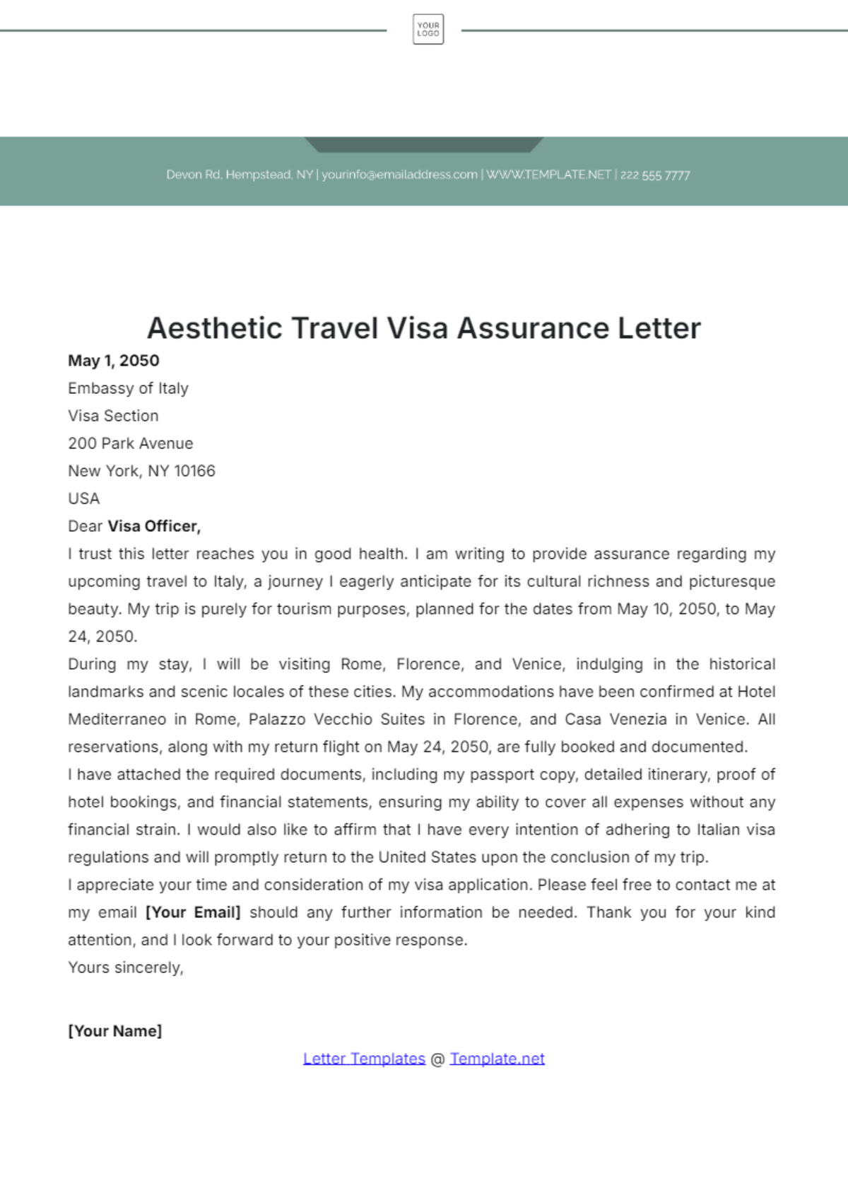 Aesthetic Travel Visa Assurance Letter Template - Edit Online & Download