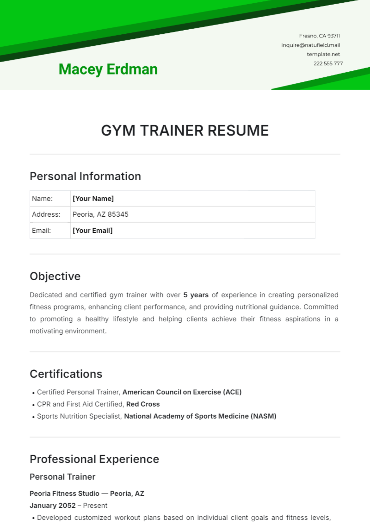 Gym Trainer Resume Template - Edit Online & Download