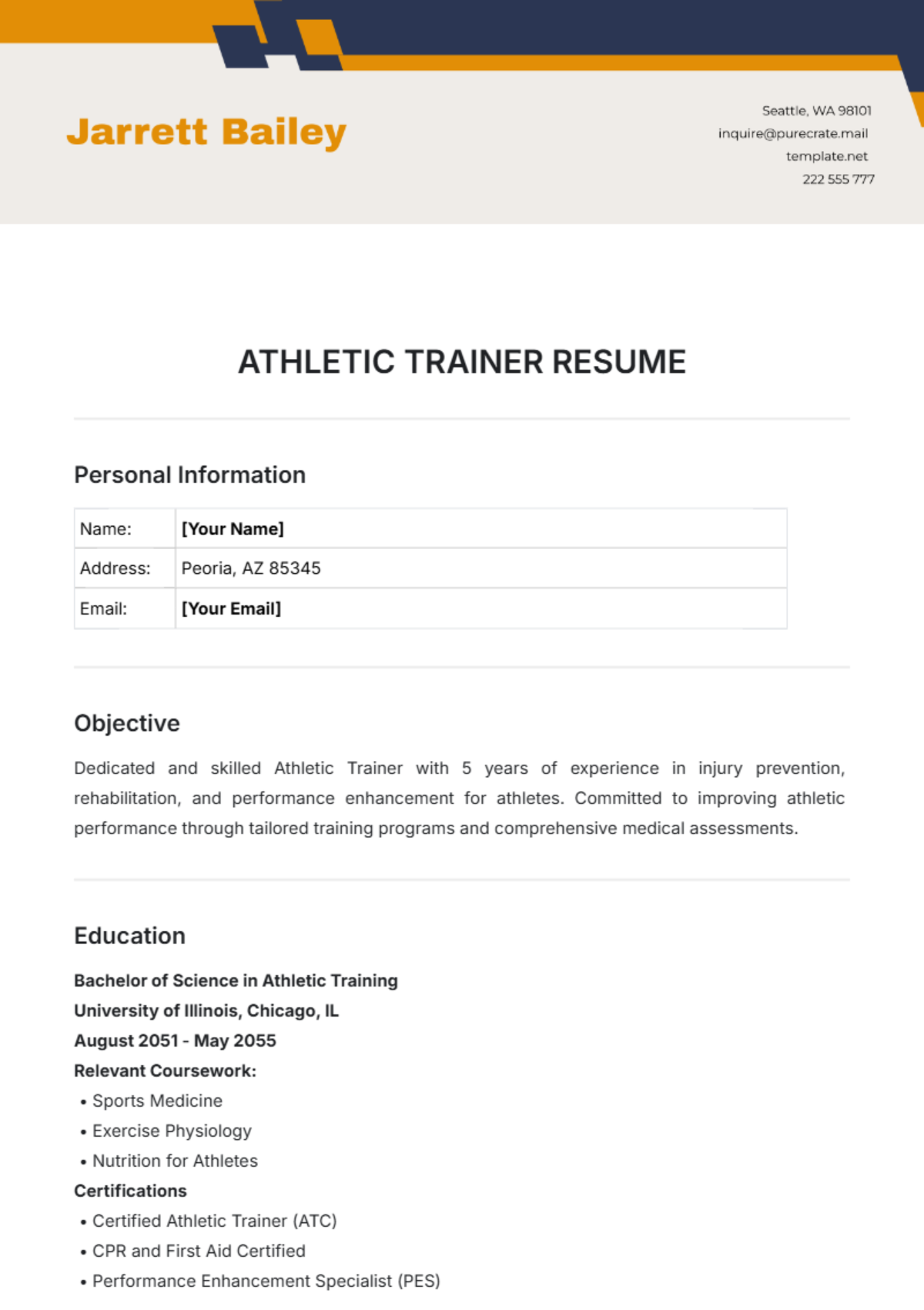 Athletic Trainer Resume Template - Edit Online & Download