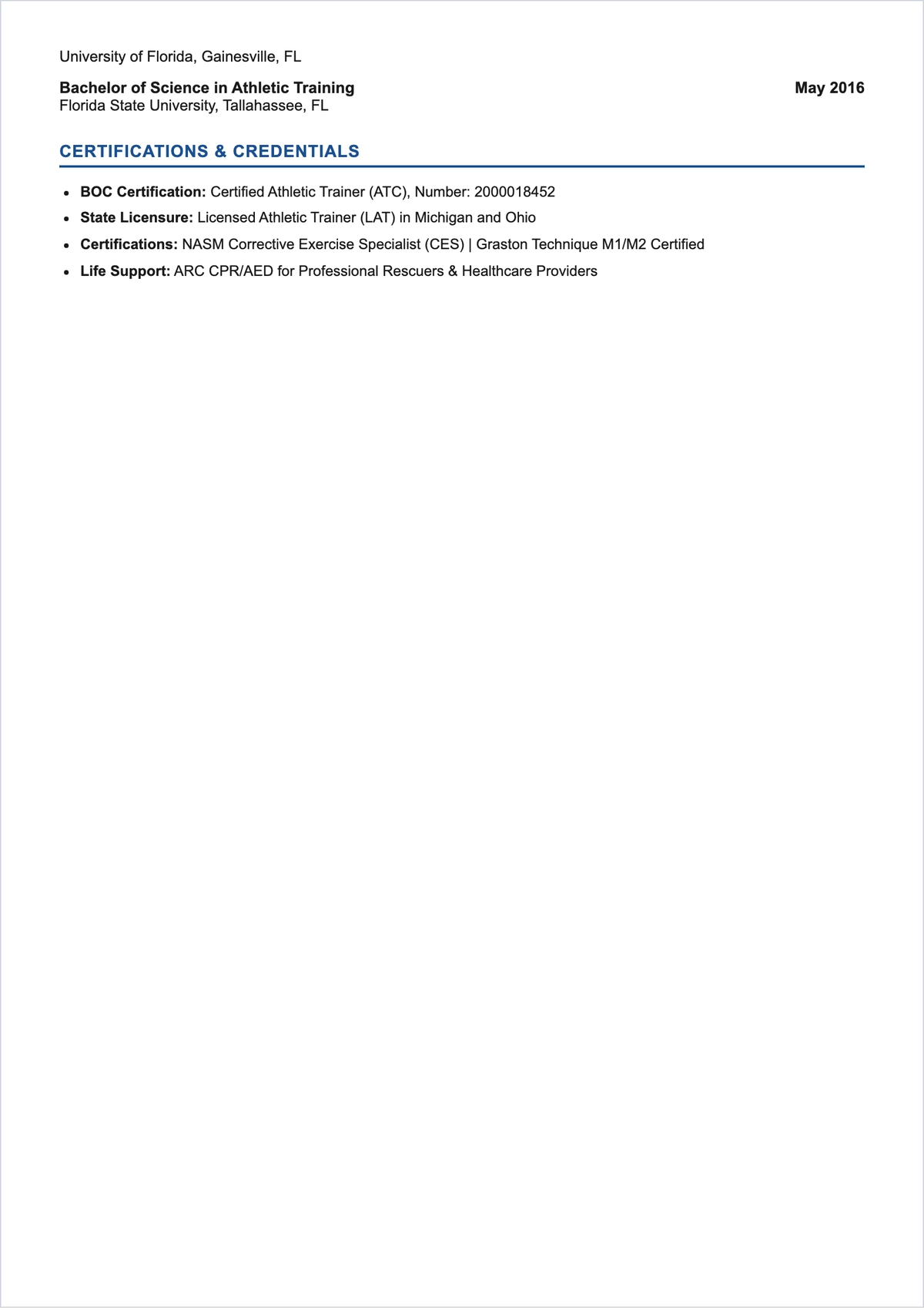 Free Athletic Trainer ATS Resume Template, AI Resume Builder