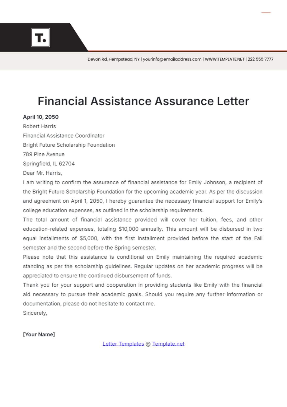 Financial Assistance Assurance Letter Template - Edit Online & Download