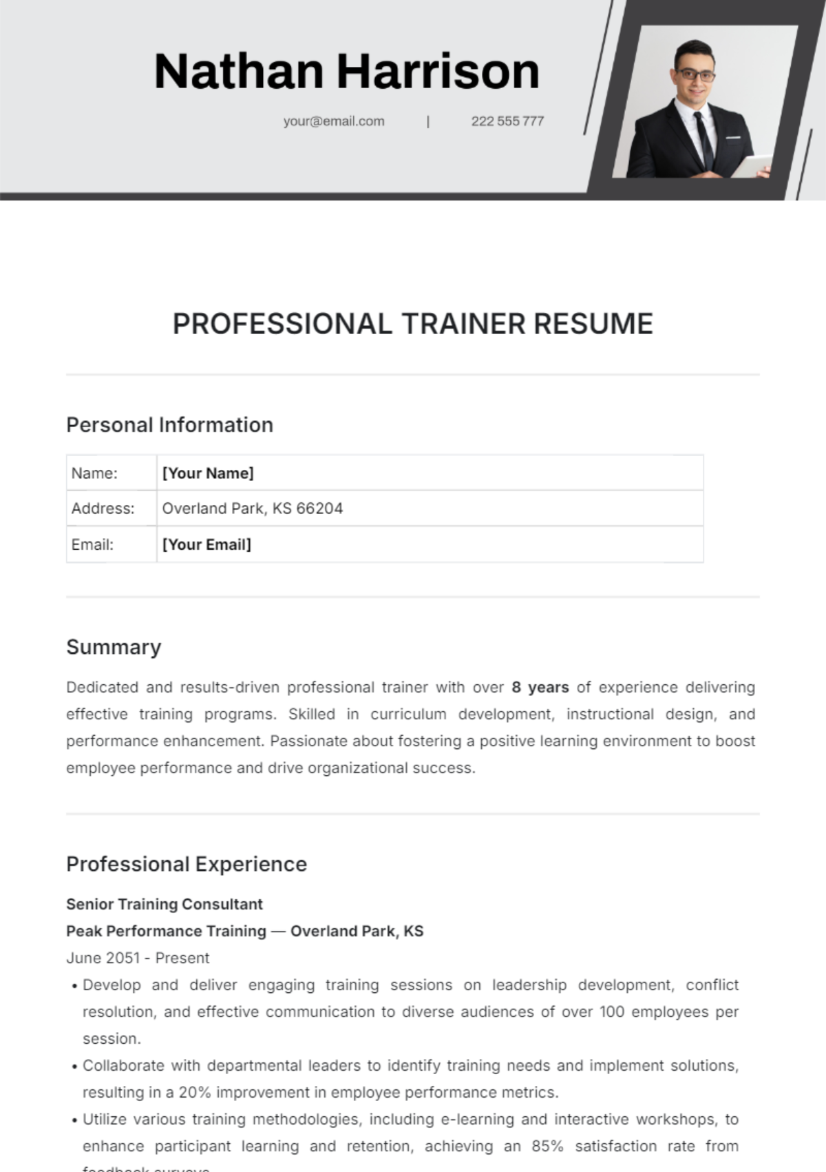 Professional Trainer Resume Design Template - Edit Online & Download