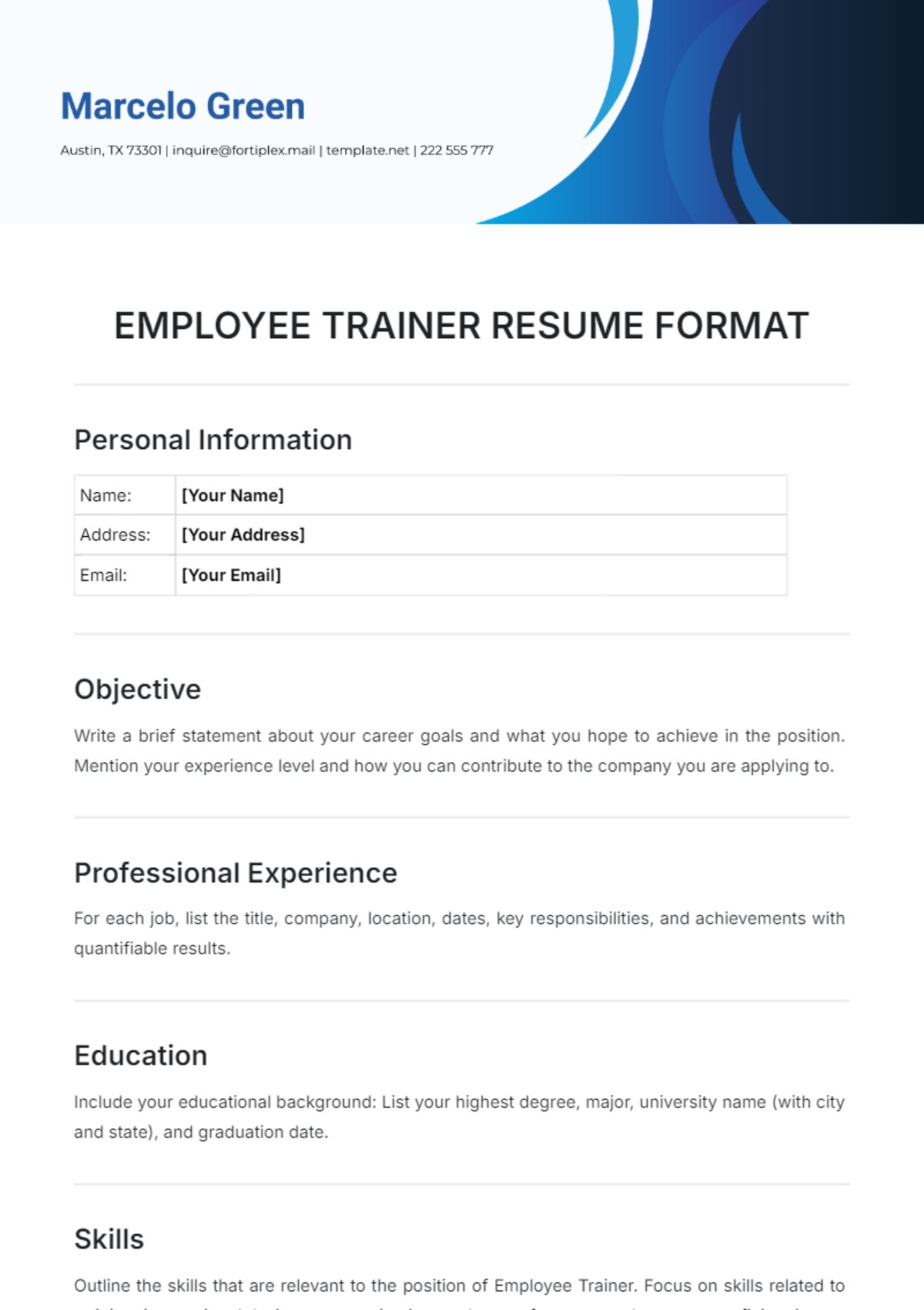 Employee Trainer Resume Format Template - Edit Online & Download