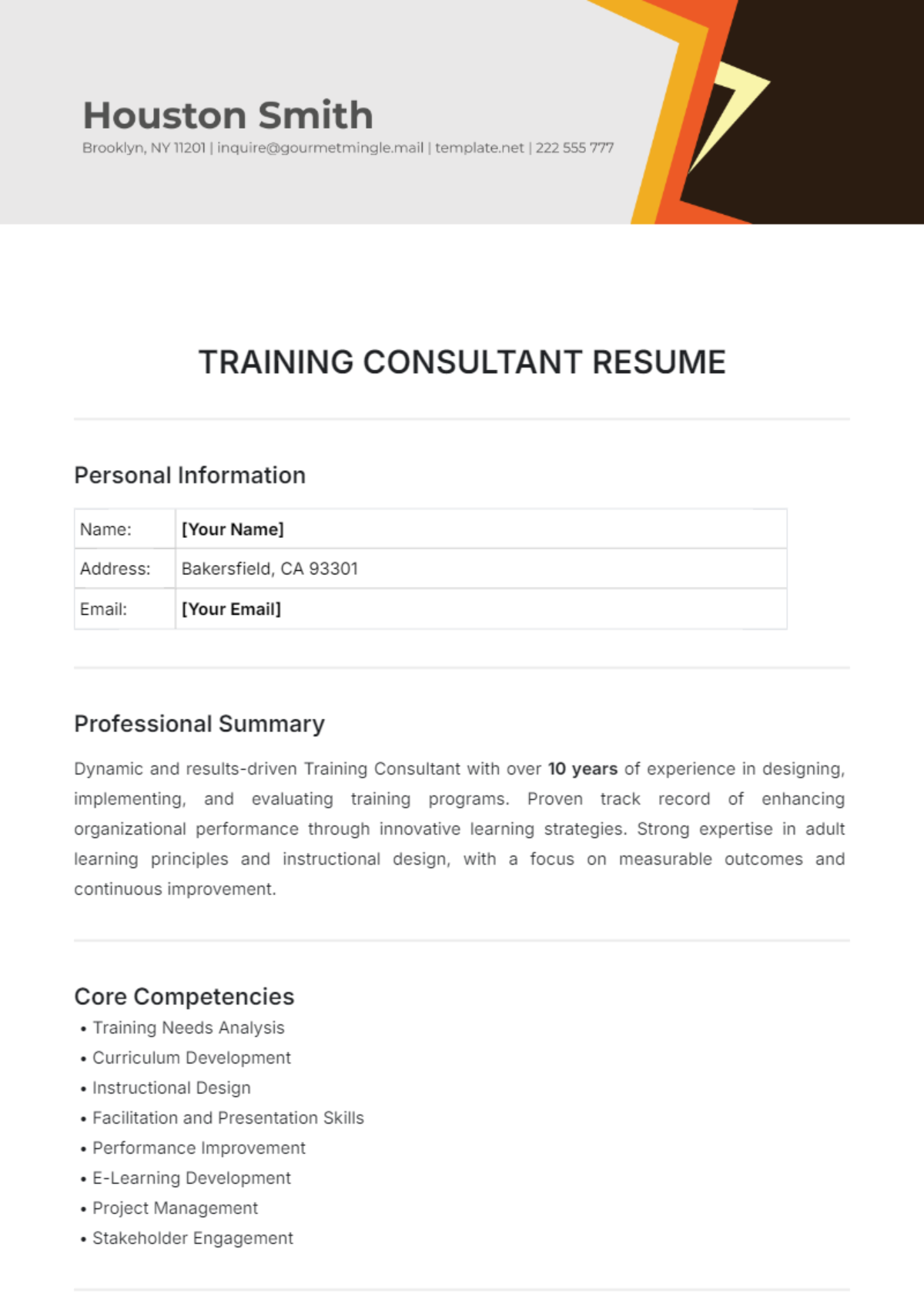 Training Consultant Resume Template - Edit Online & Download