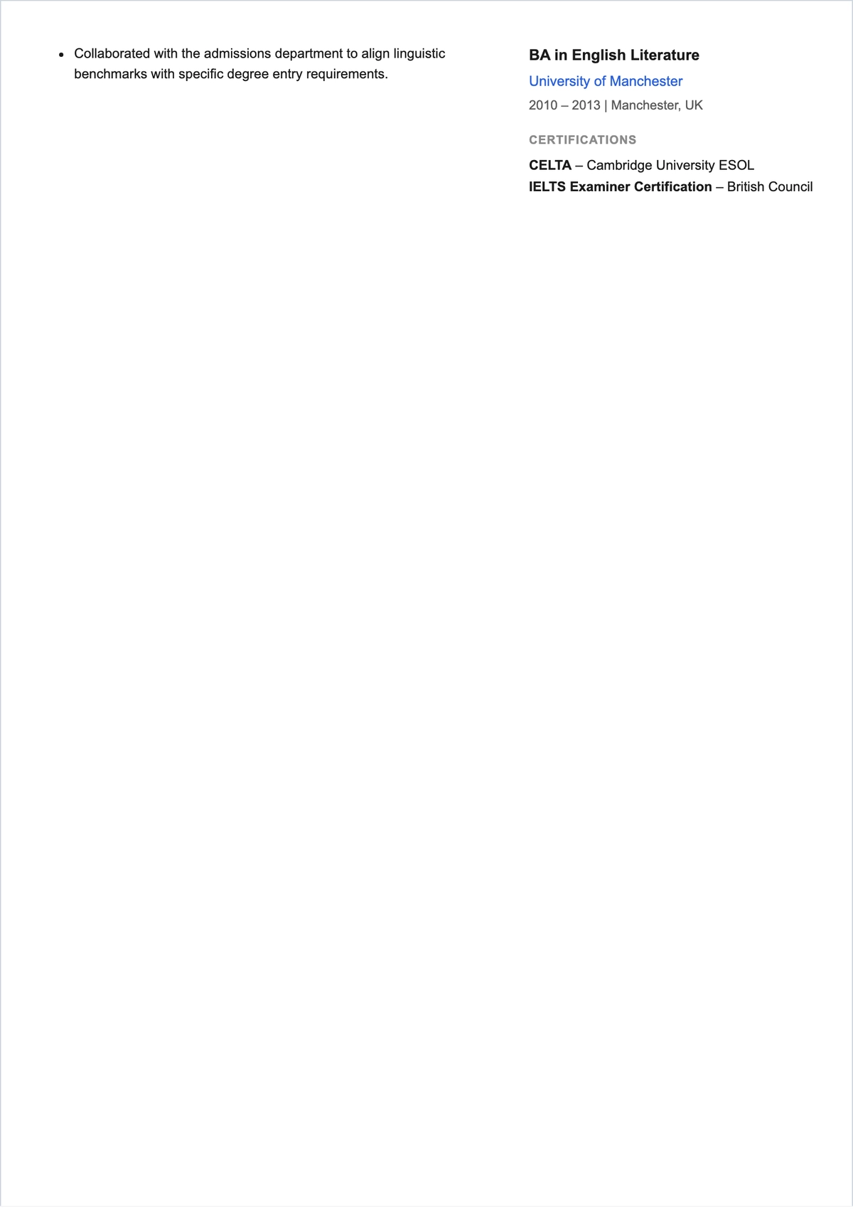 Free Sample IELTS Trainer ATS Resume Template, AI Resume Builder