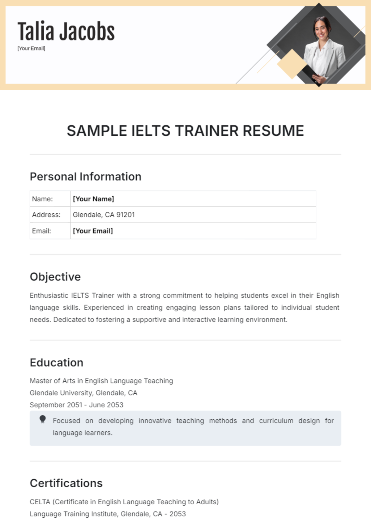 Sample IELTS Trainer Resume Template - Edit Online & Download