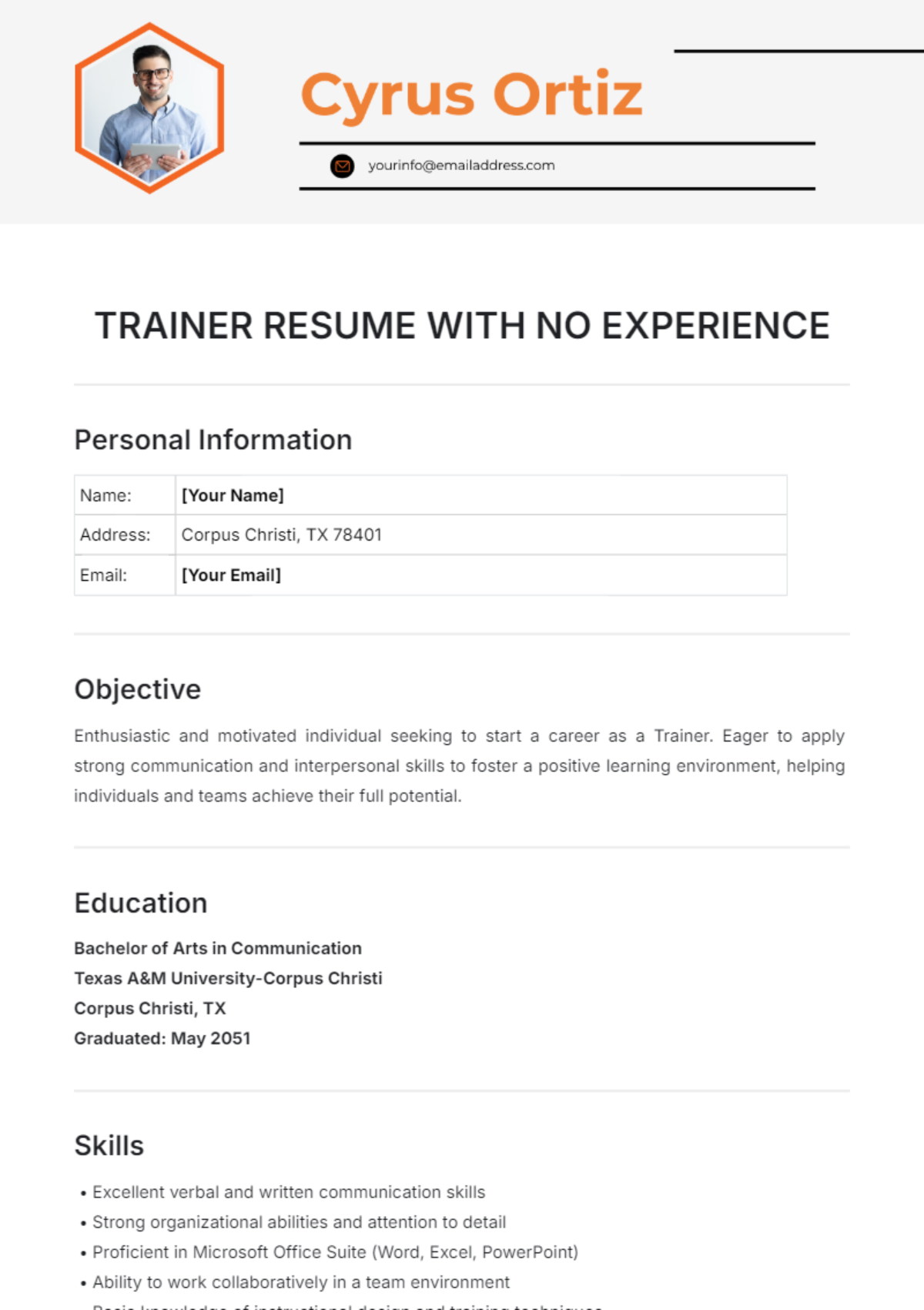 Trainer Resume with No Experience Template - Edit Online & Download