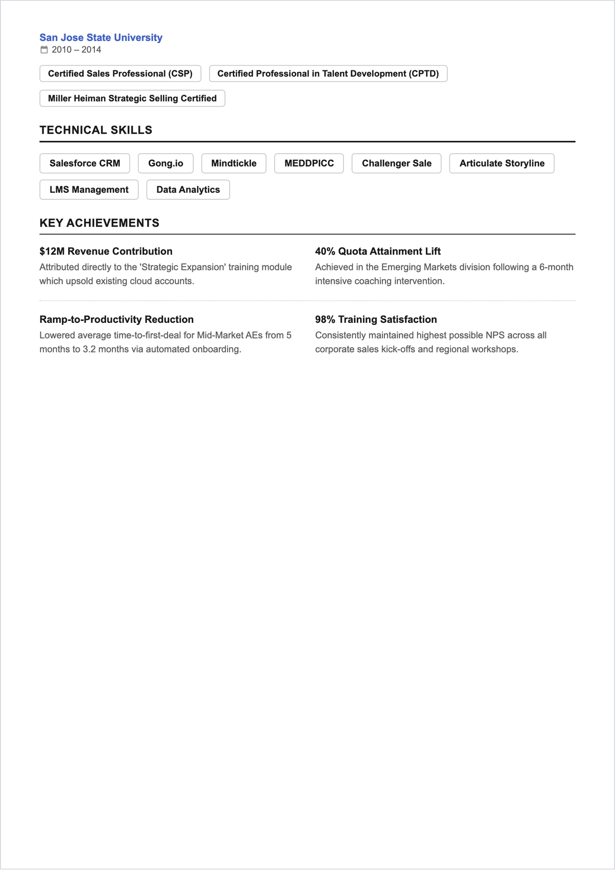 Free Sales Trainer ATS Resume Template, AI Resume Builder