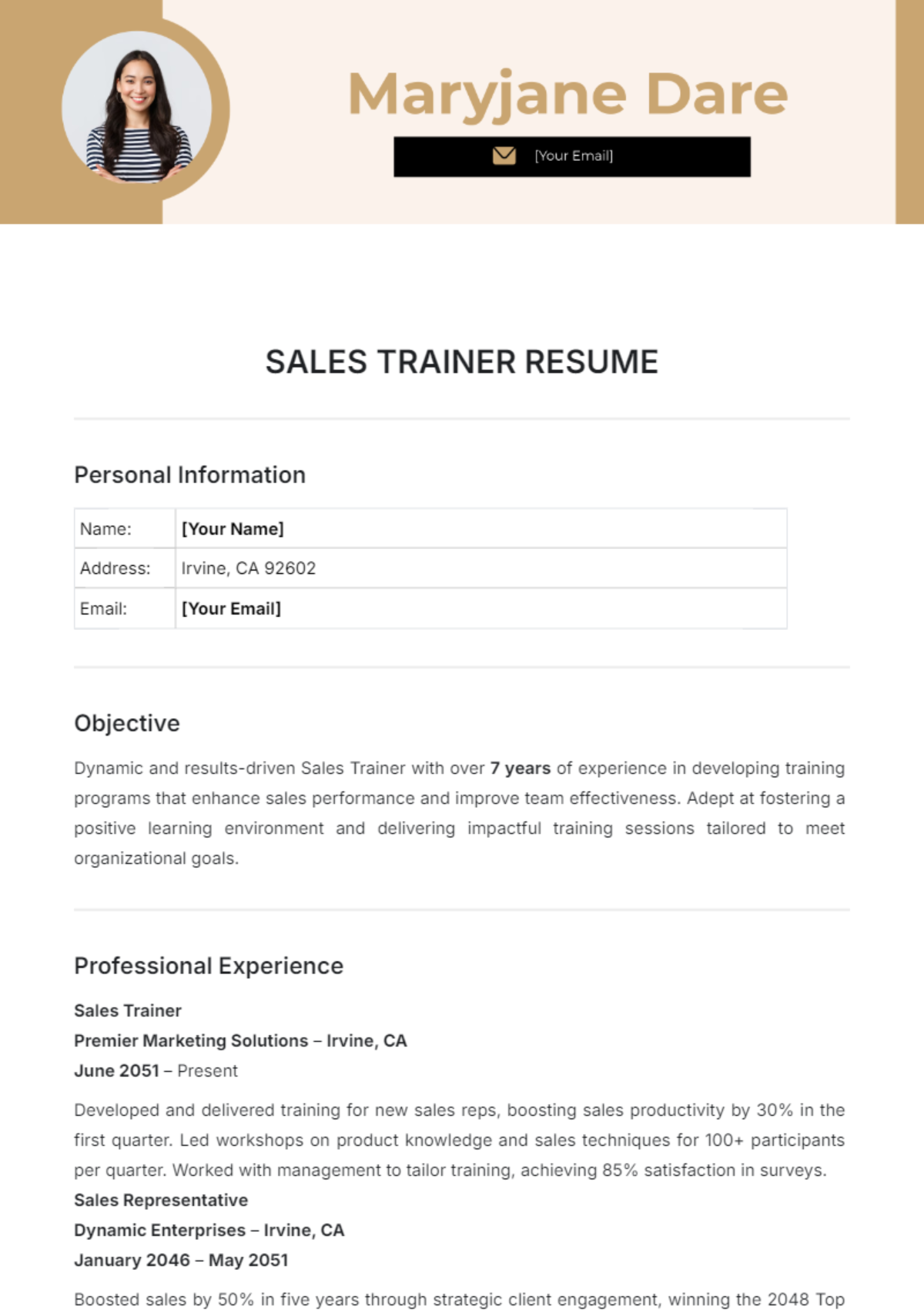 Sales Trainer Resume Template - Edit Online & Download