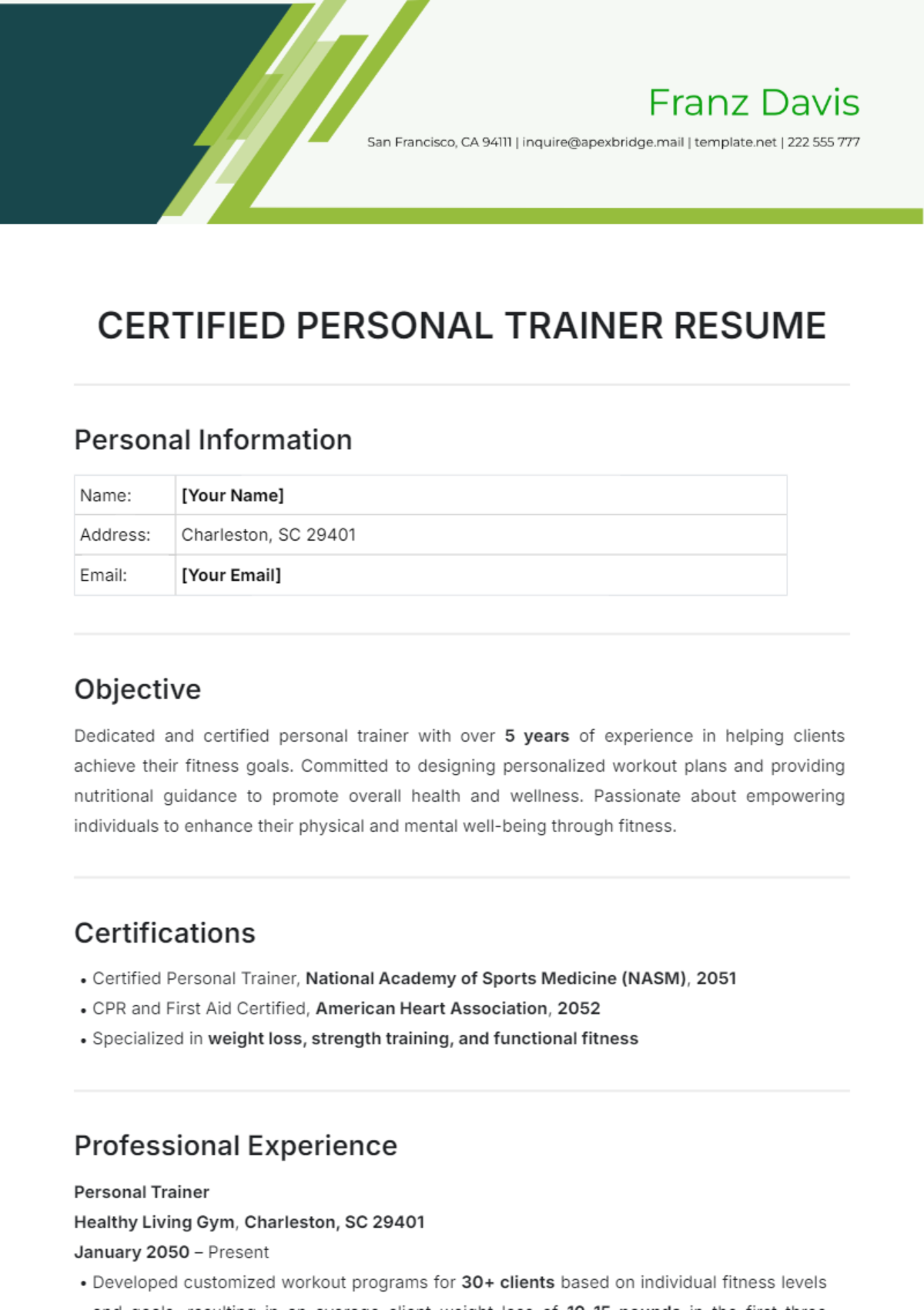 Certified Personal Trainer Resume Template - Edit Online & Download