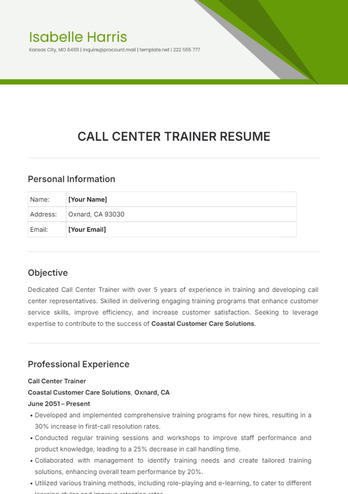 Call Center Trainer Resume Template - Edit Online & Download