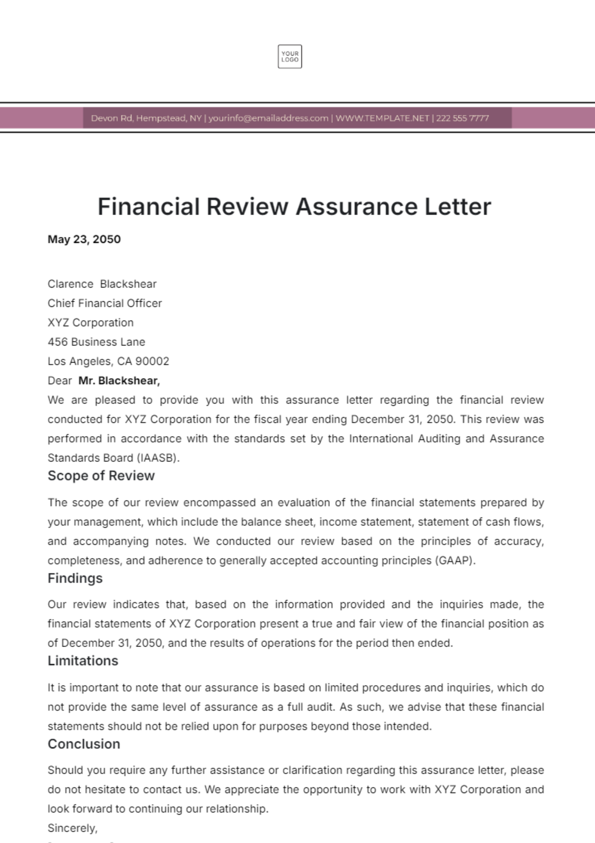 Financial Review Assurance Letter Template - Edit Online & Download