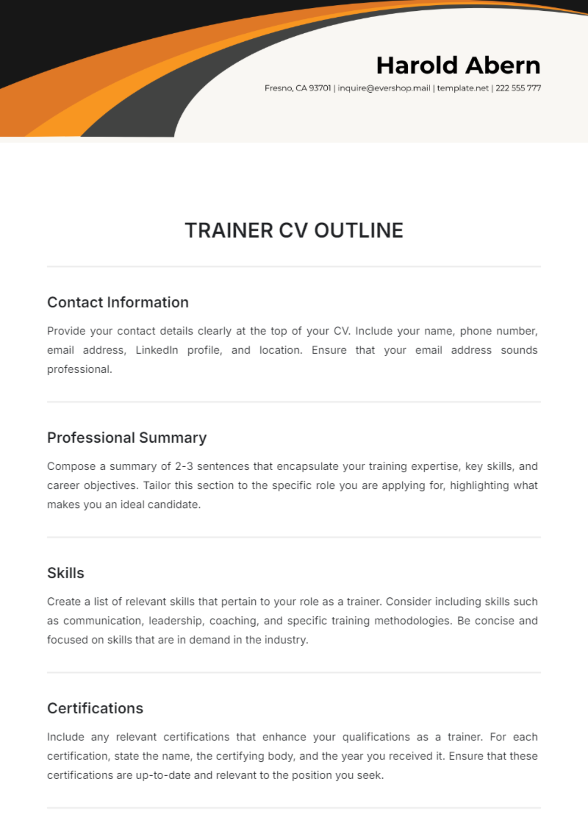 Trainer CV Outline Template - Edit Online & Download