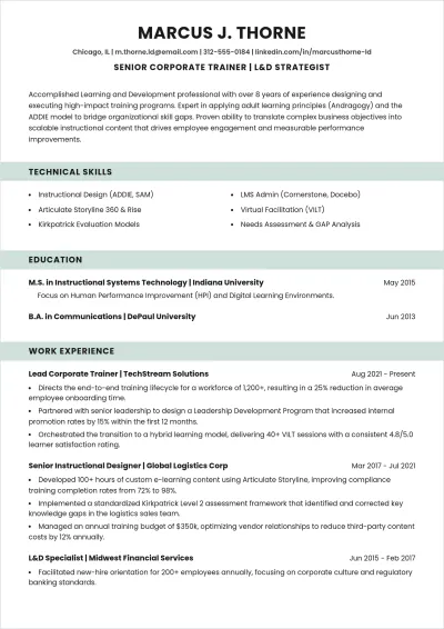 Free Trainer ATS CV Outline Template, AI Resume Builder
