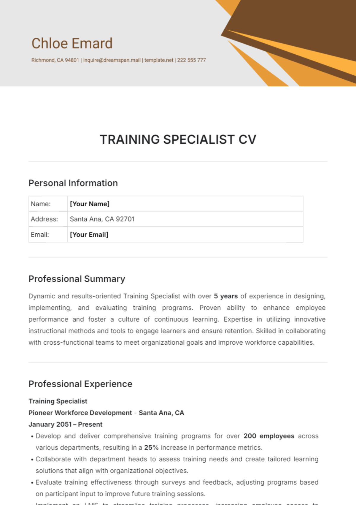 Training Specialist CV Template - Edit Online & Download