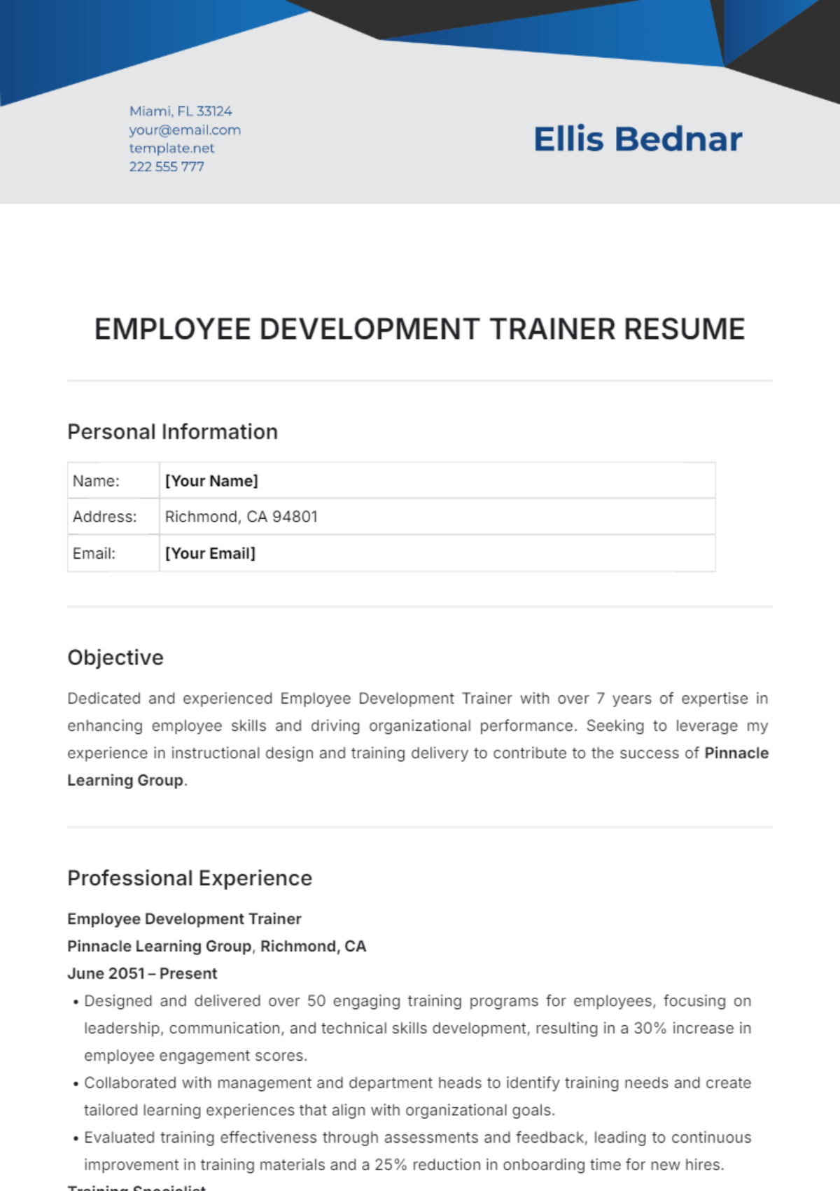 Employee Development Trainer Resume Template - Edit Online & Download