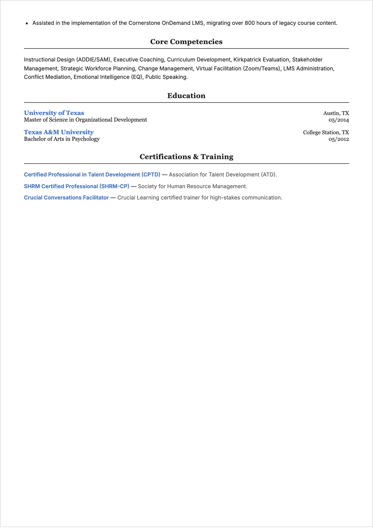 Free Employee Development Trainer ATS Resume Template