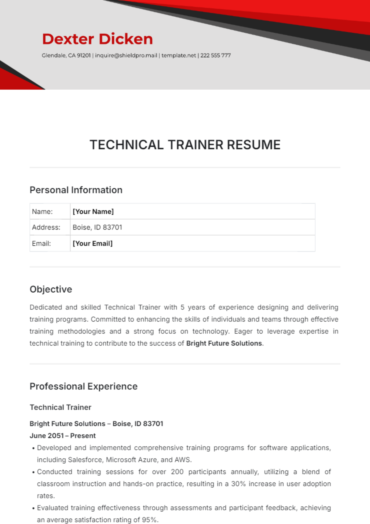 Technical Trainer Resume Template