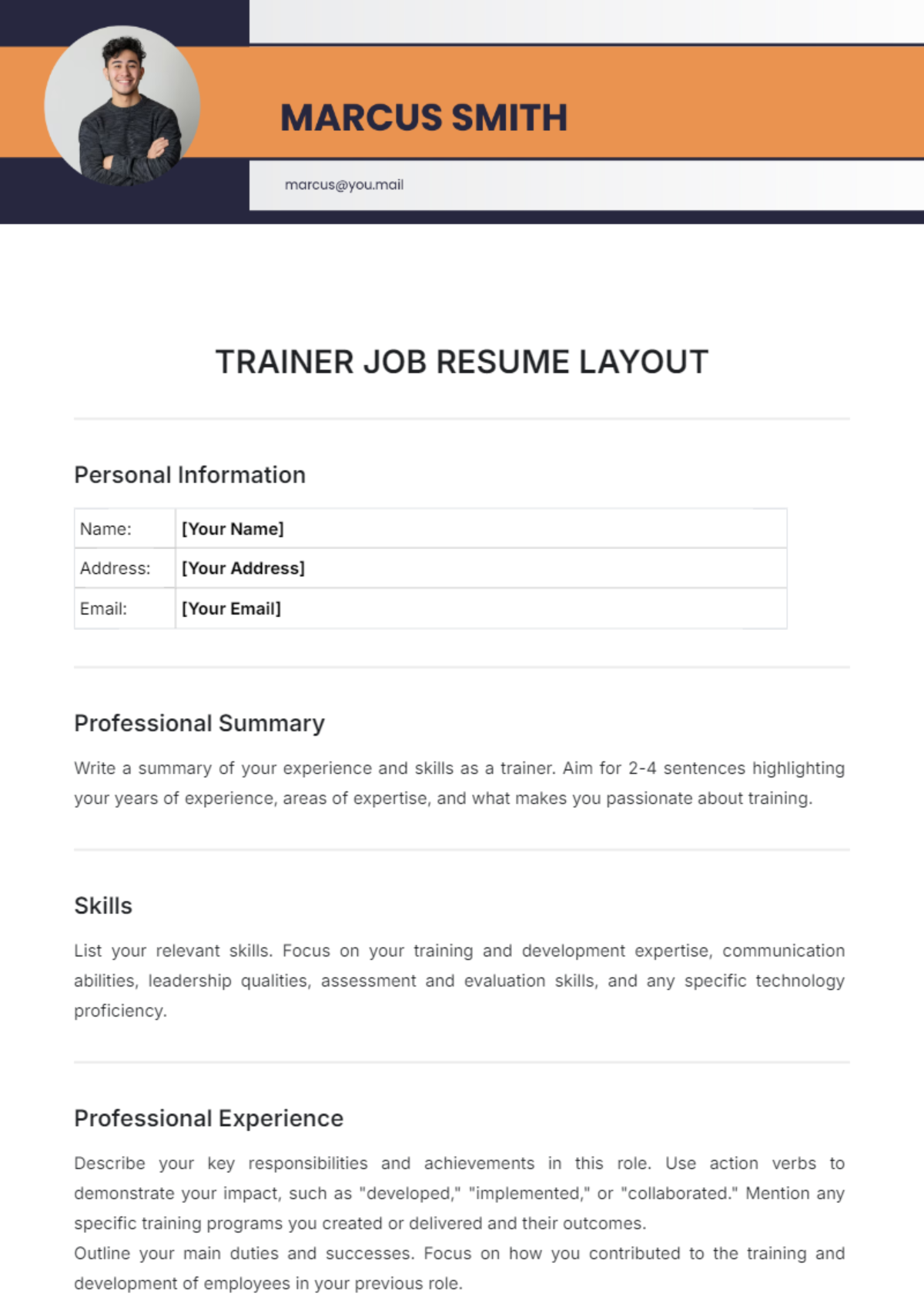 Trainer Job Resume Layout Template