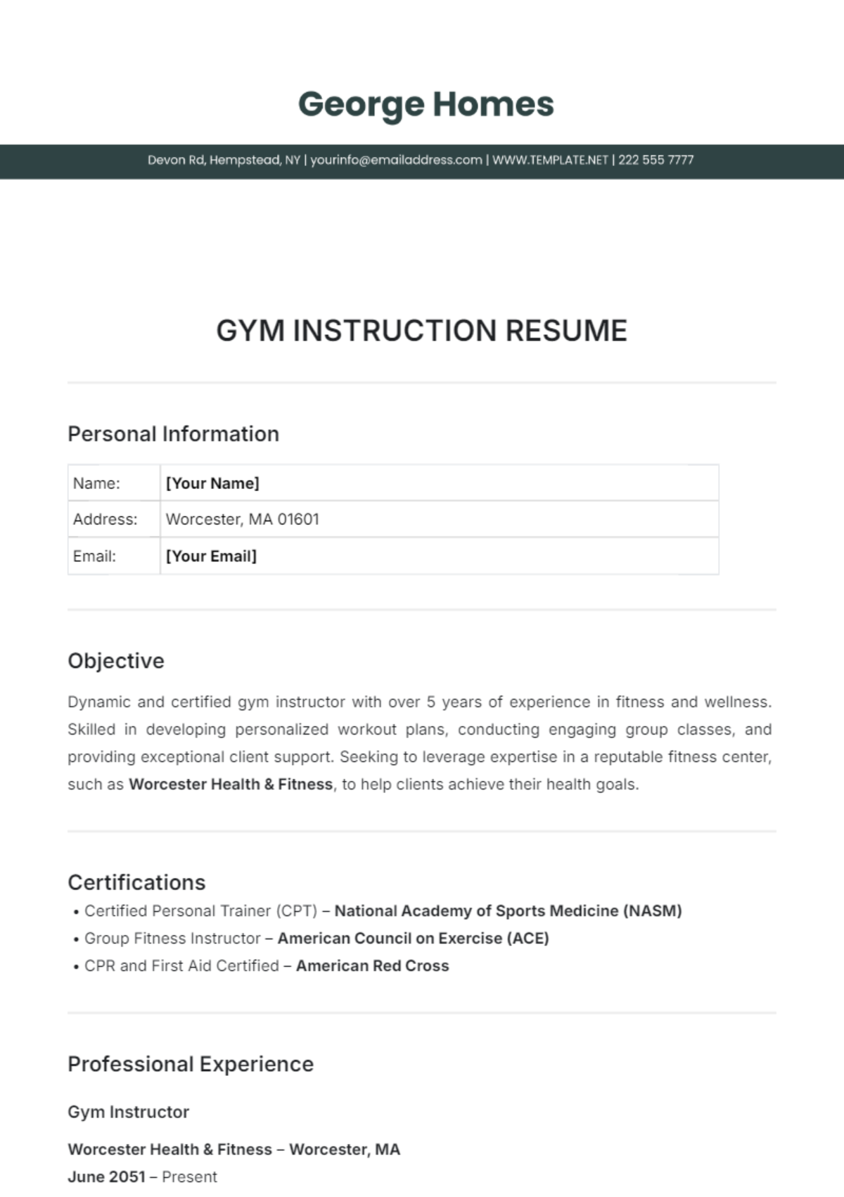 Gym Instructor Resume Template - Edit Online & Download