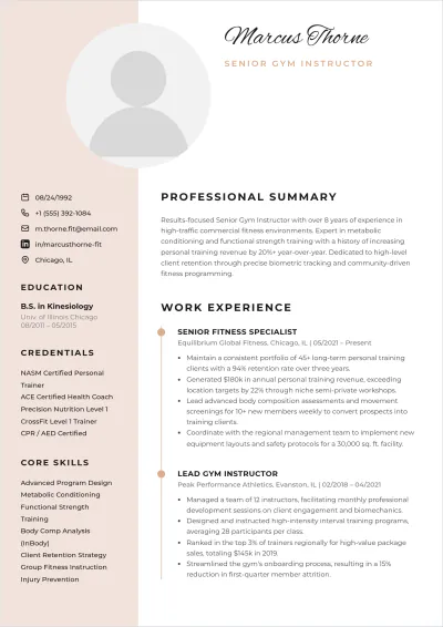 Free Gym Instructor ATS Resume Template, AI Resume Builder