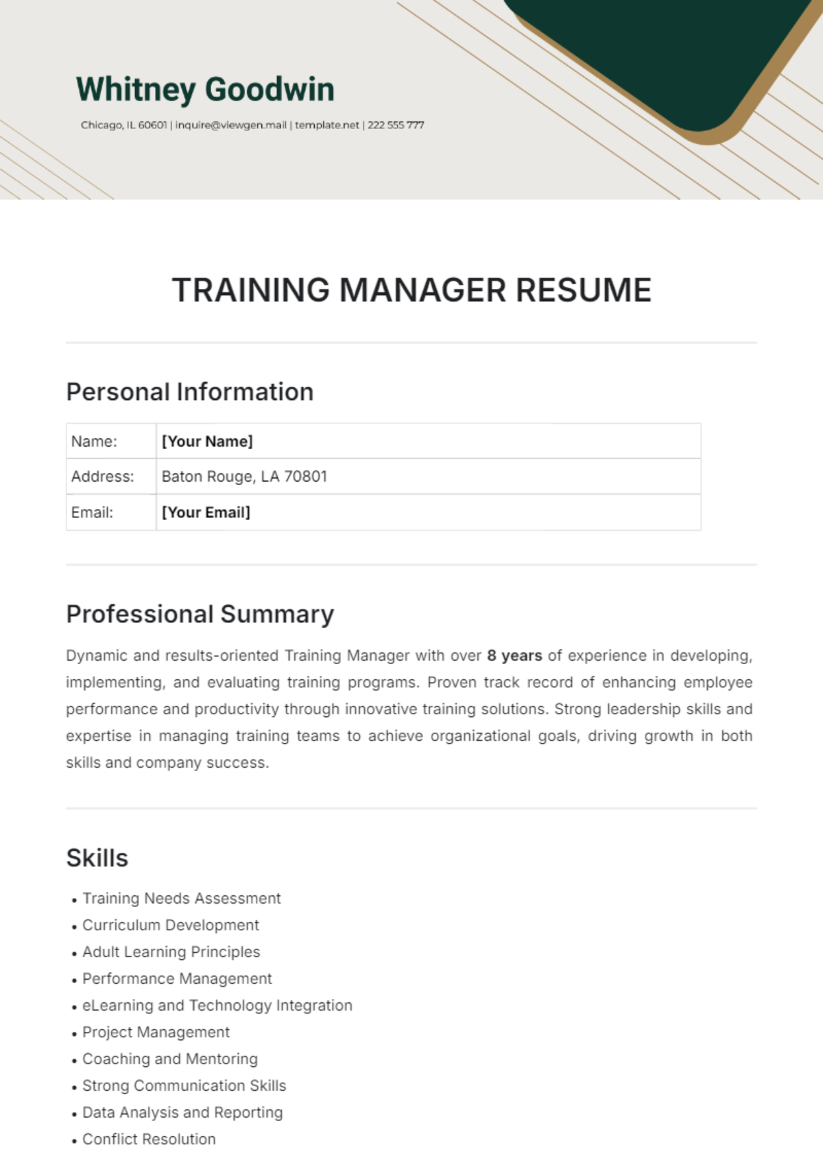 Training Manager Resume Template - Edit Online & Download