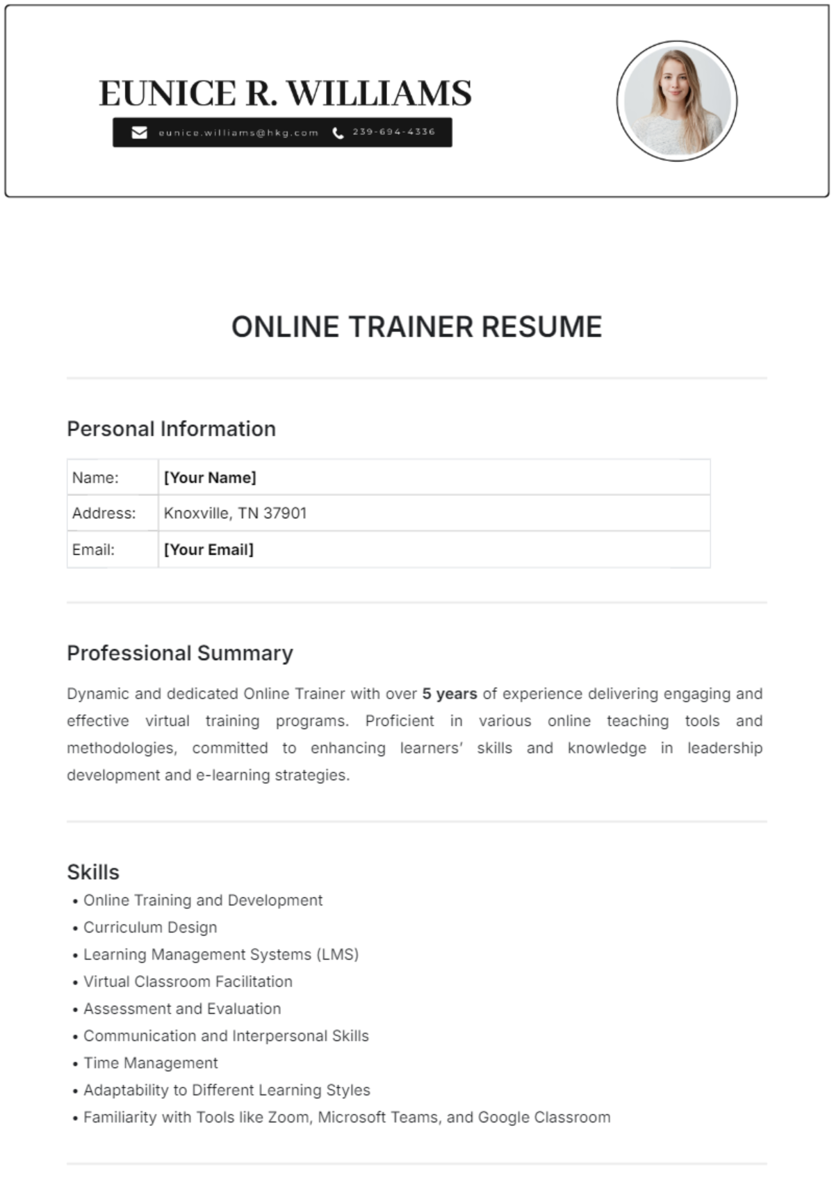 Online Trainer Resume Template - Edit Online & Download