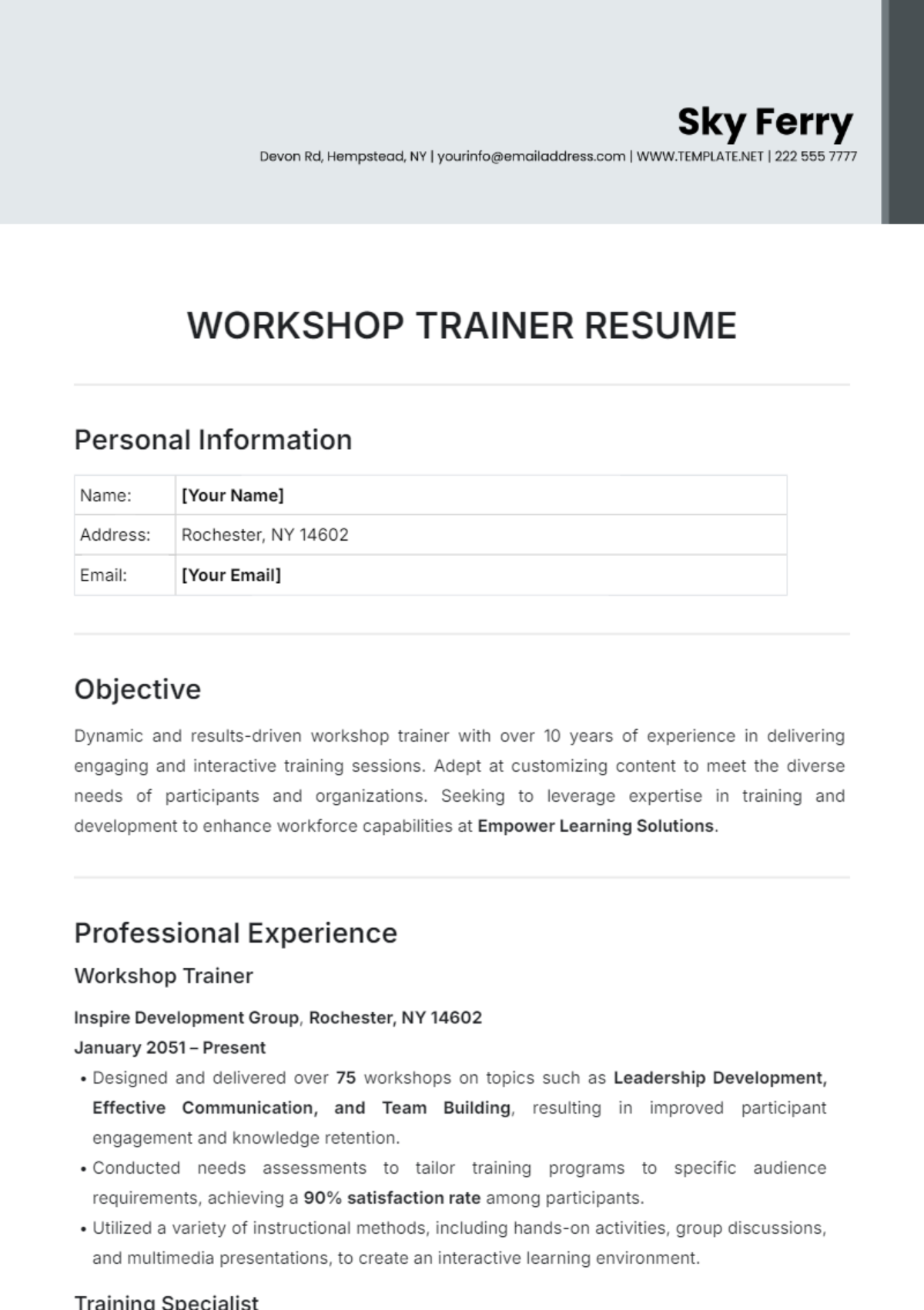 Workshop Trainer Resume Template - Edit Online & Download