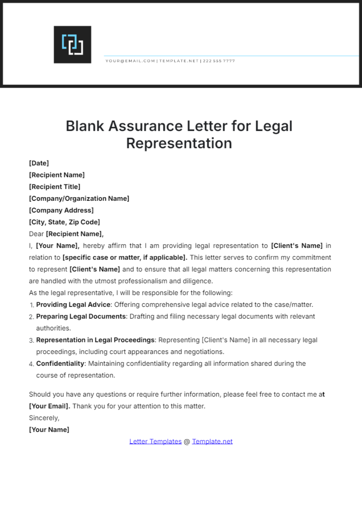 Blank Assurance Letter for Legal Representation Template - Edit Online & Download