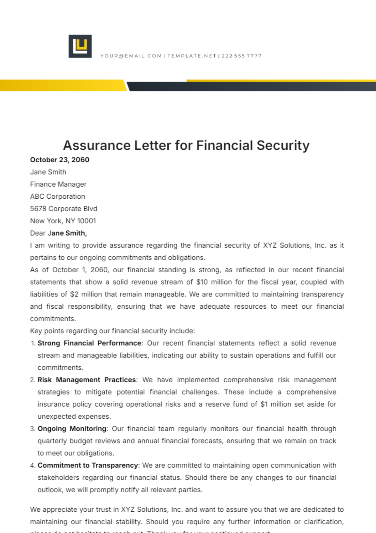 Assurance Letter for Financial Security Template - Edit Online & Download