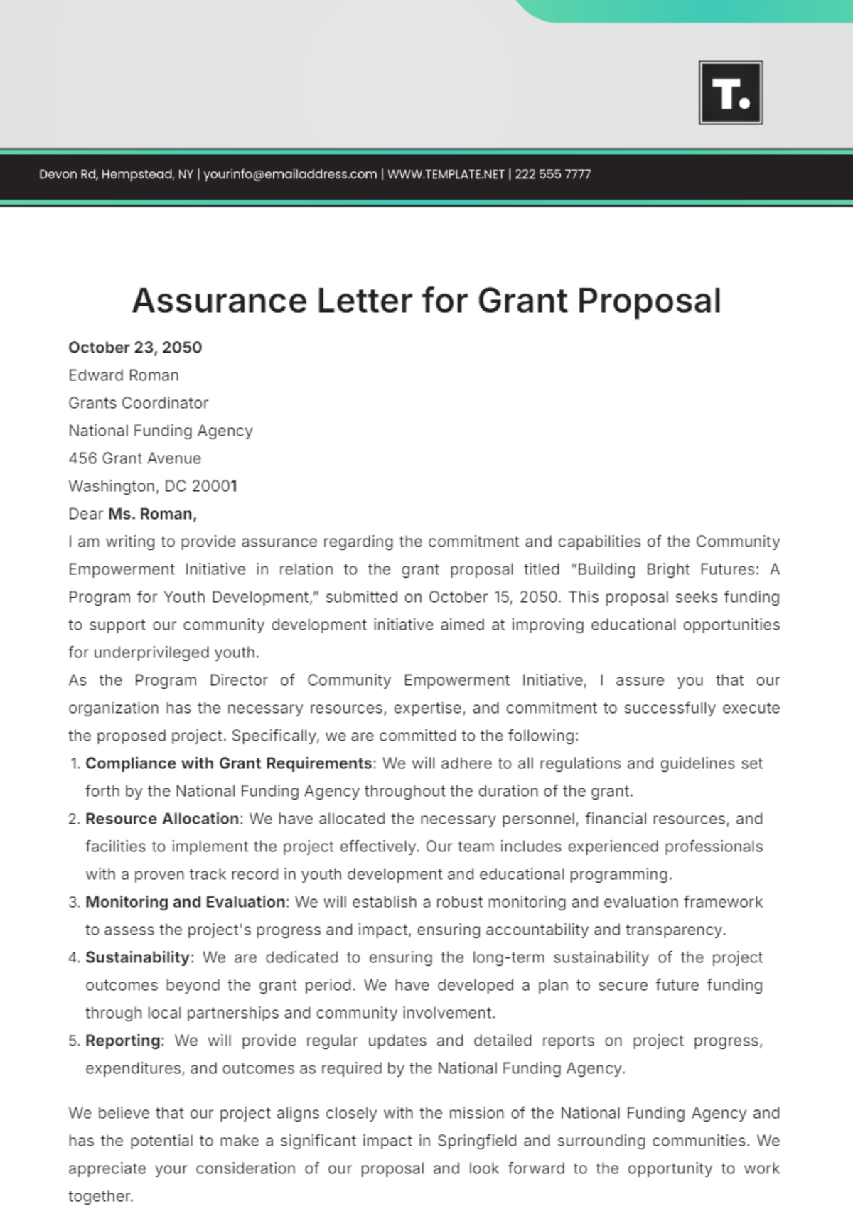 Assurance Letter for Grant Proposal Template - Edit Online & Download