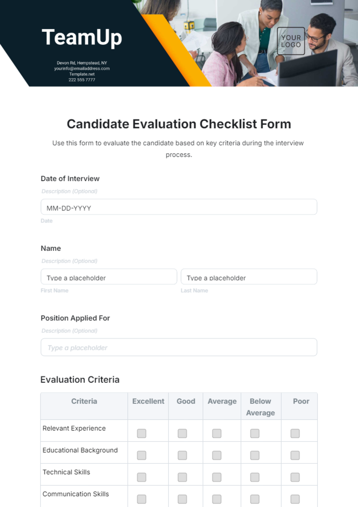 Candidate Evaluation Checklist Form Template