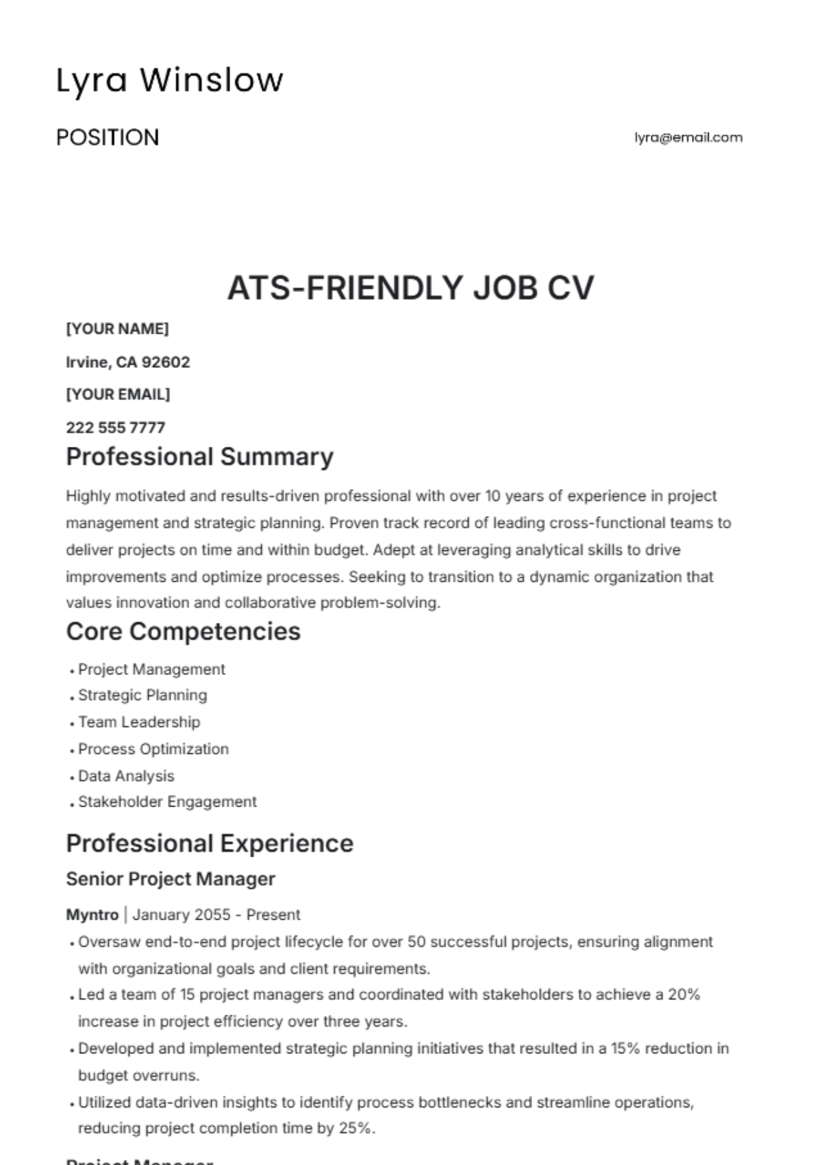 ATS-Friendly Job CV Template - Edit Online & Download