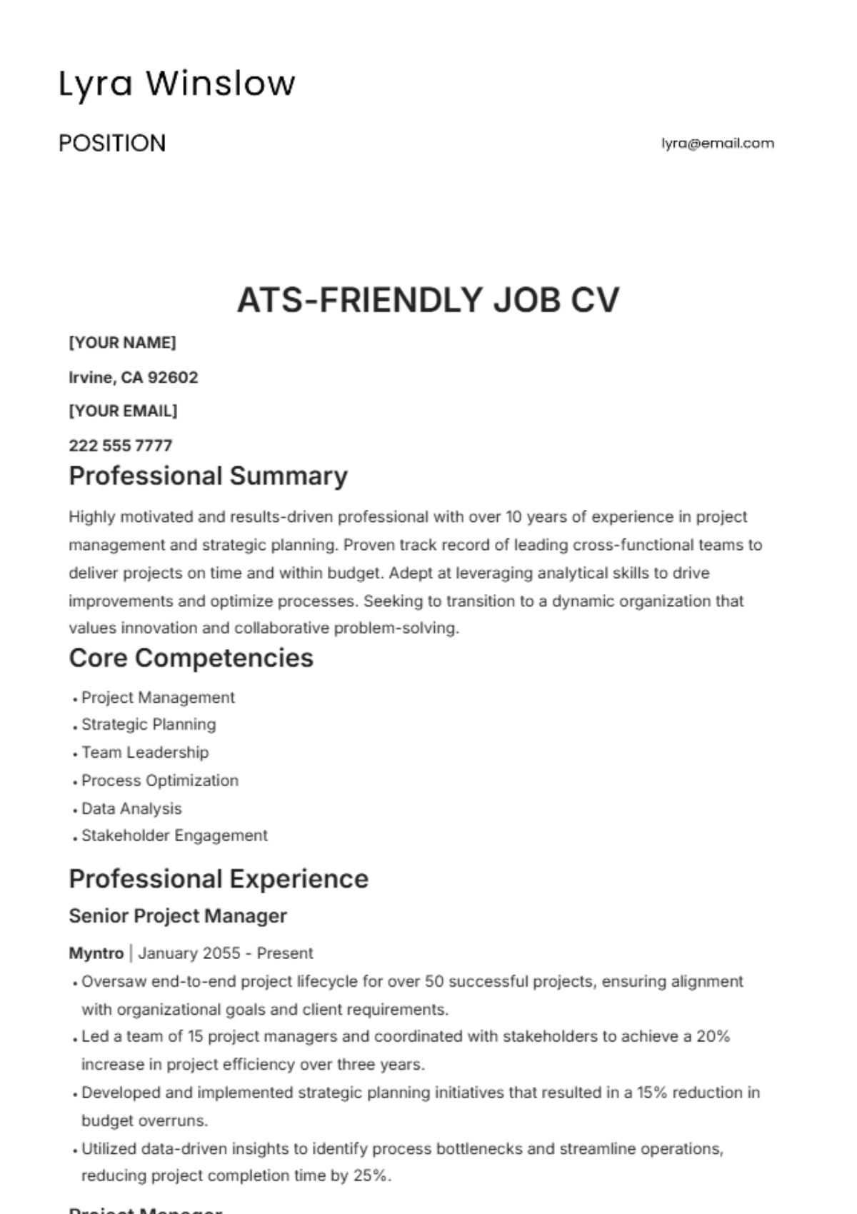 Free ATS Friendly Job CV Template To Edit Online