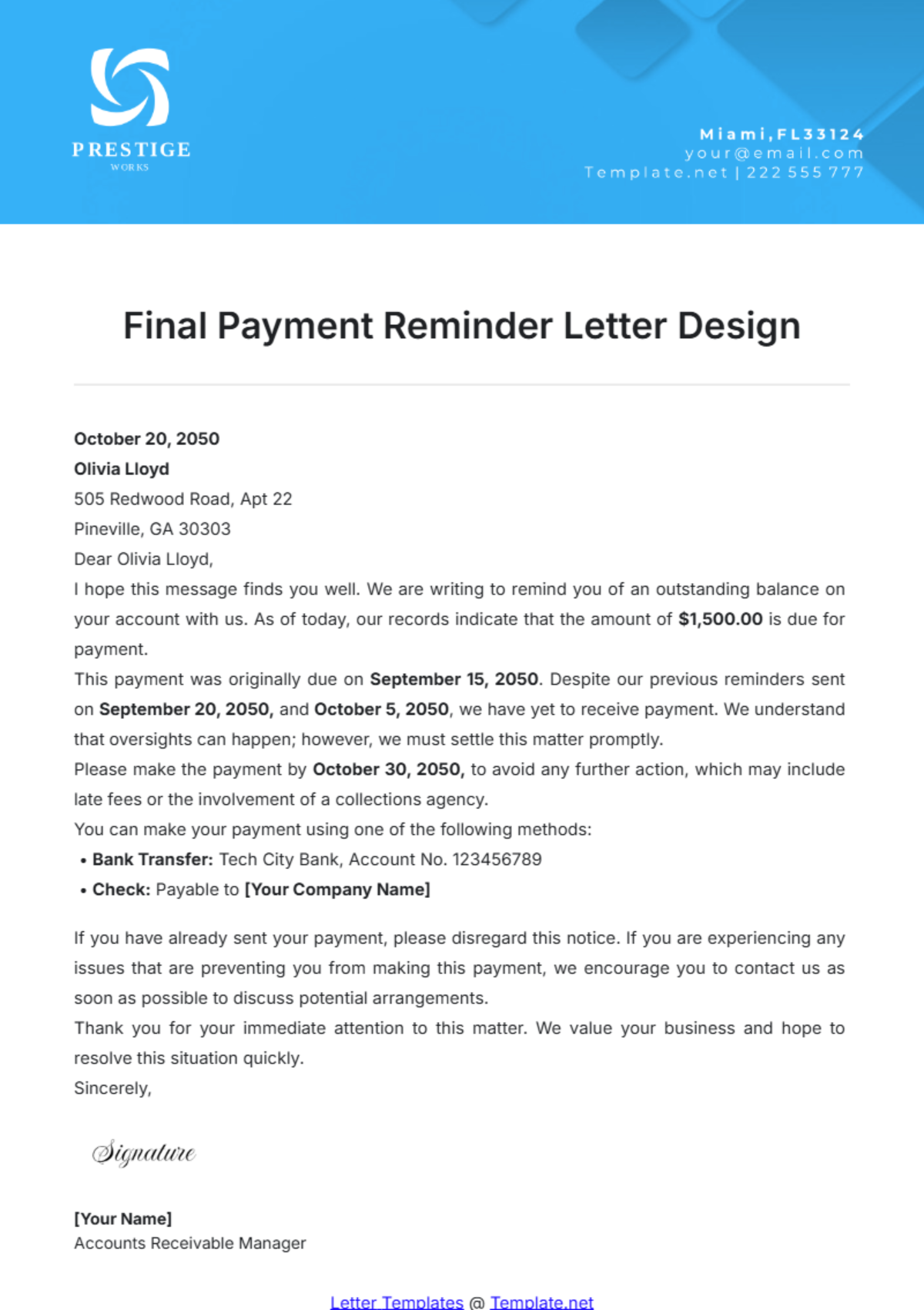 Final Payment Reminder Letter Design Template - Edit Online & Download