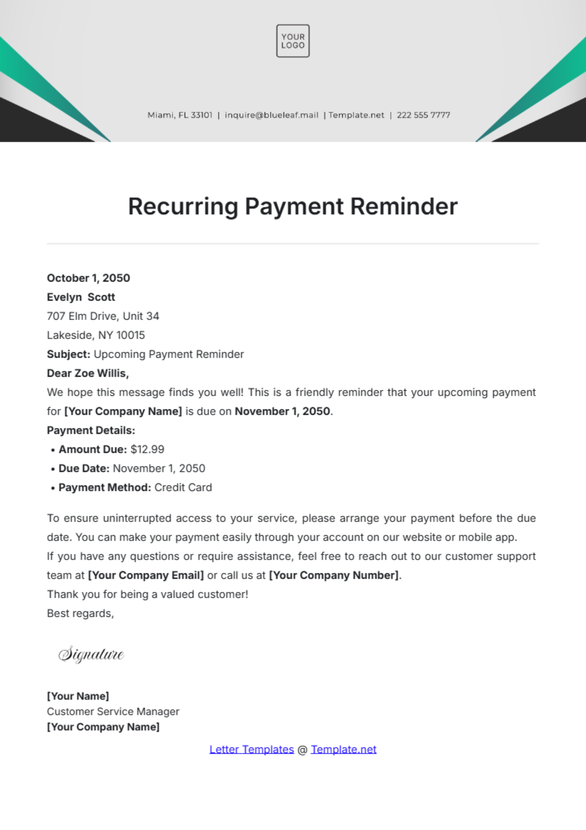 Recurring Payment Reminder Template - Edit Online & Download