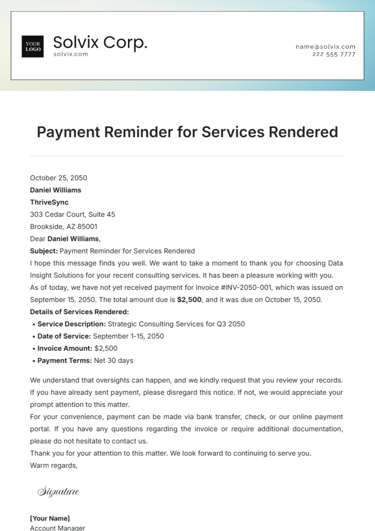 Payment Reminder for Services Rendered Template - Edit Online & Download