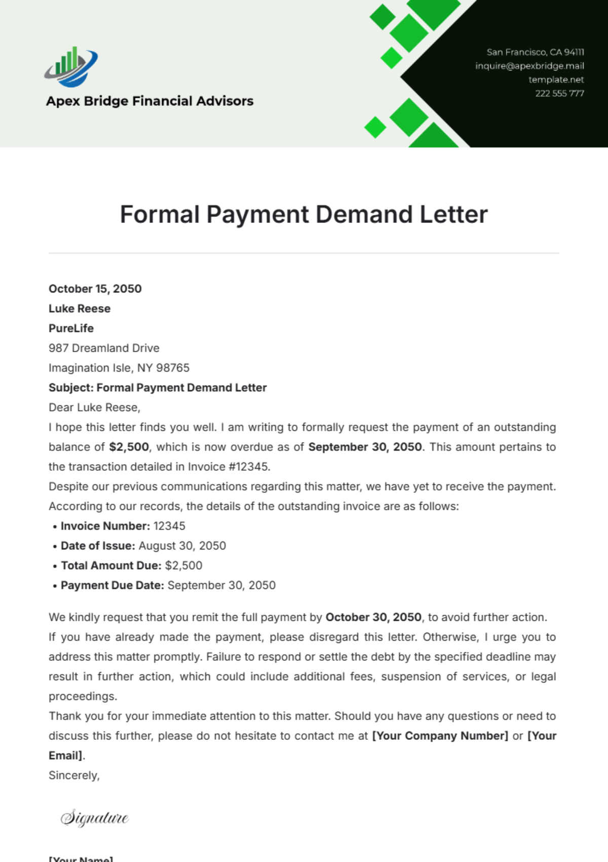 Formal Payment Demand Letter Template - Edit Online & Download