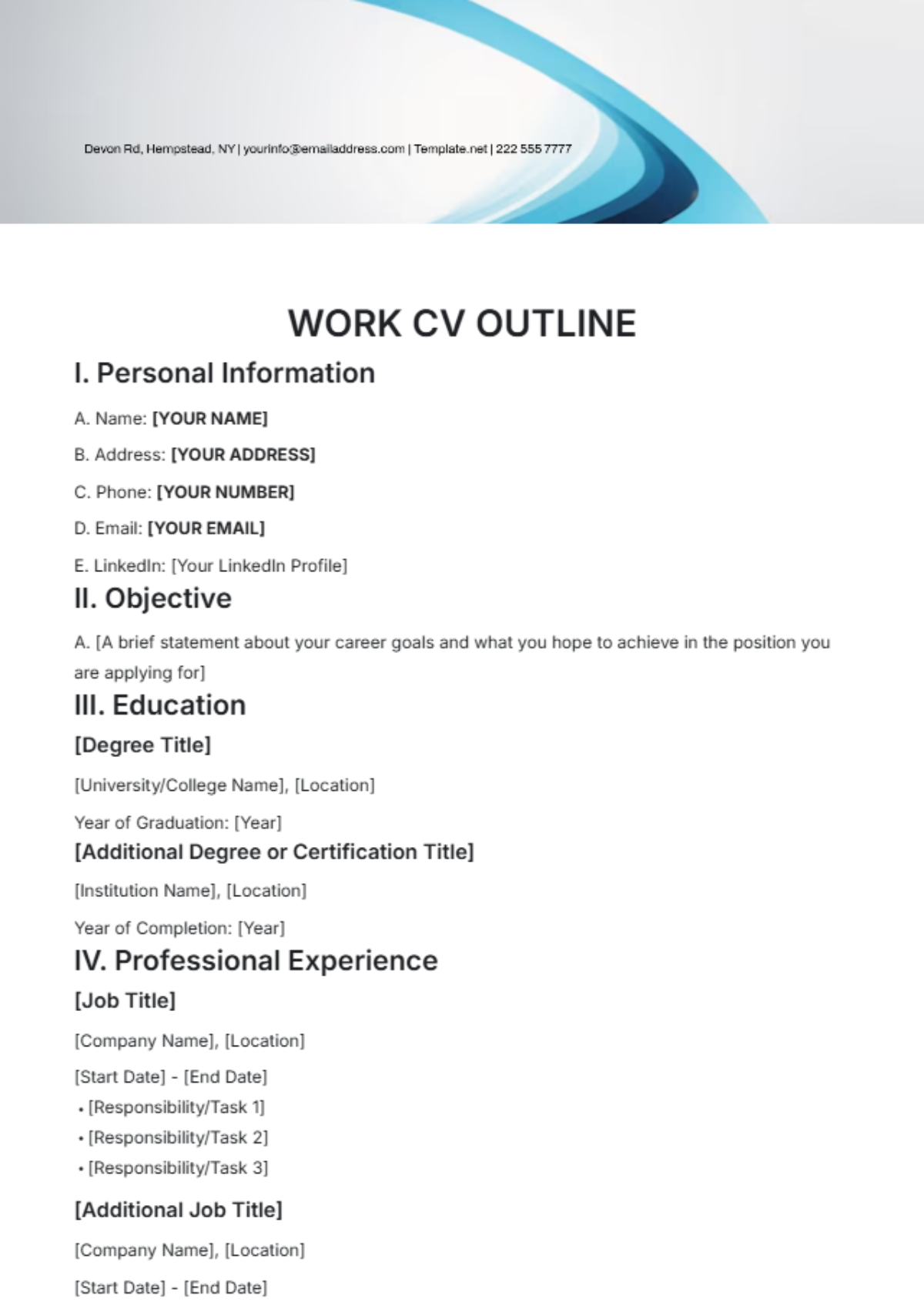 Work CV Outline Template - Edit Online & Download