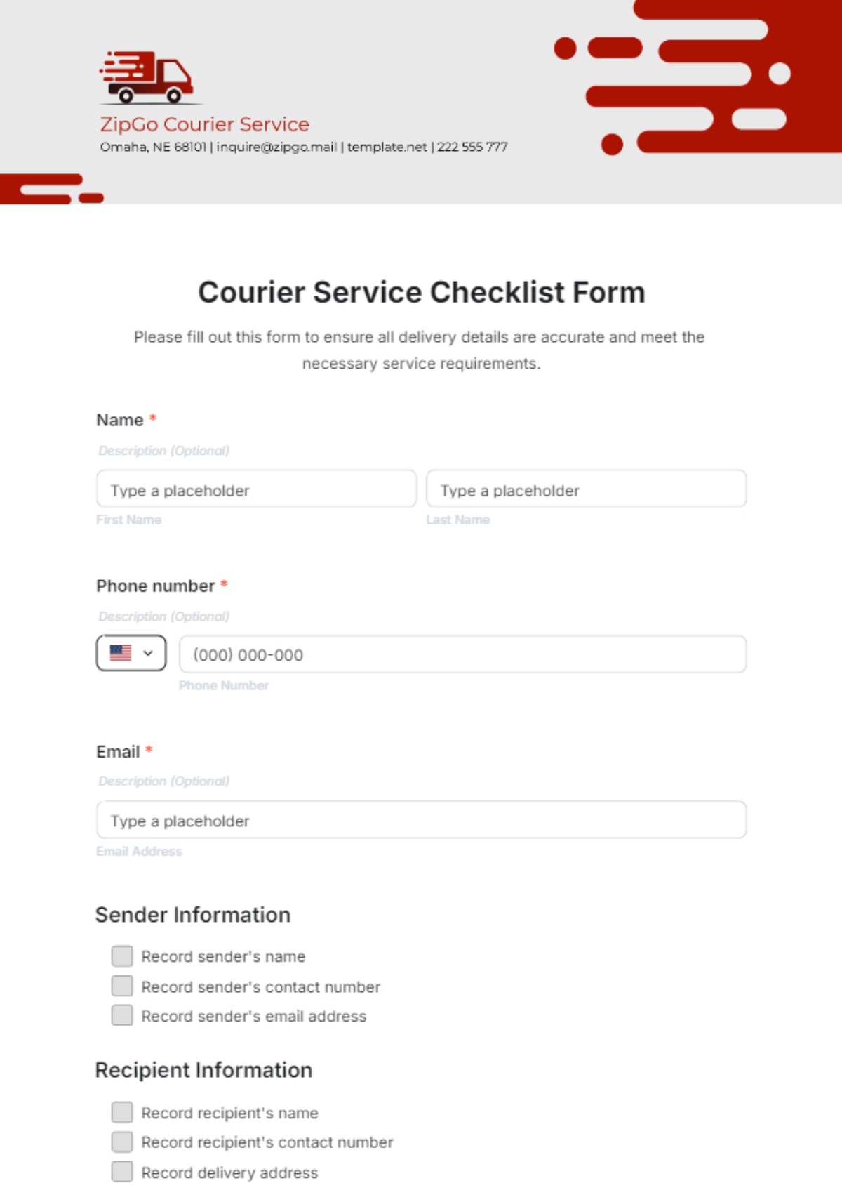 Courier Service Checklist Form Template - Edit Online & Download