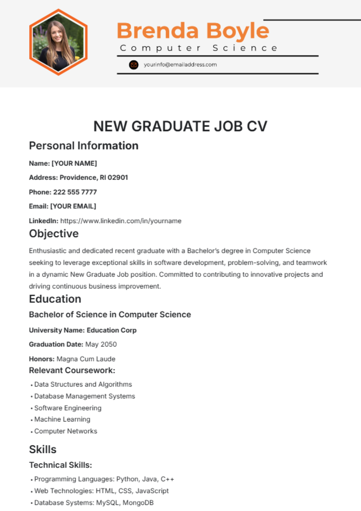 New Graduate Job CV Template - Edit Online & Download