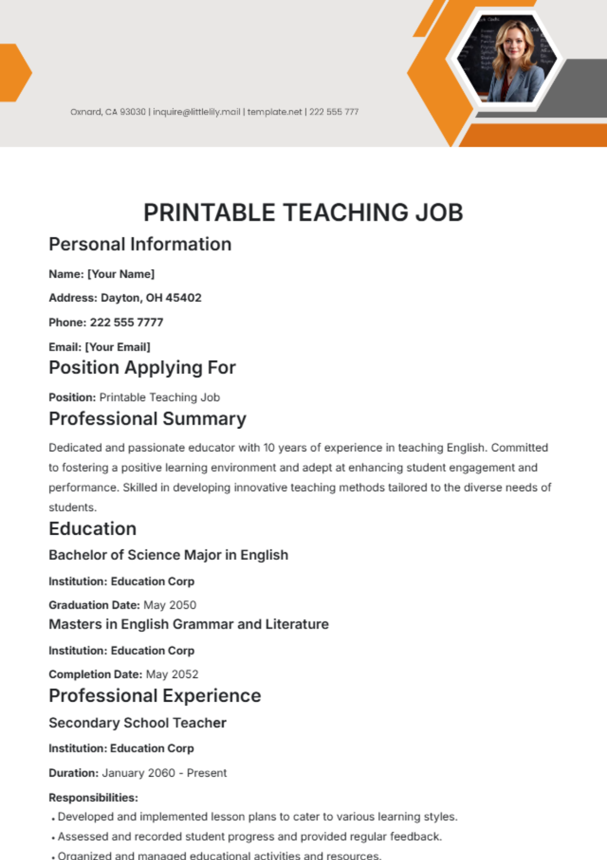 Printable Teaching Job CV Template - Download | Template.net