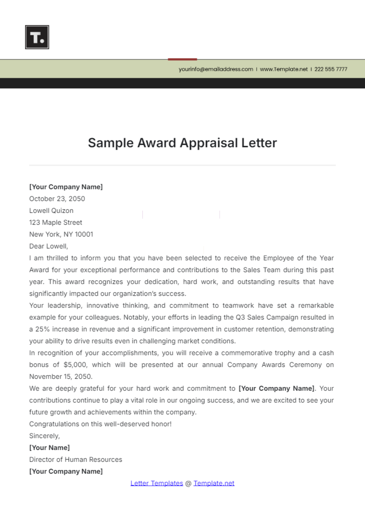 Sample Award Appraisal Letter Template - Edit Online & Download